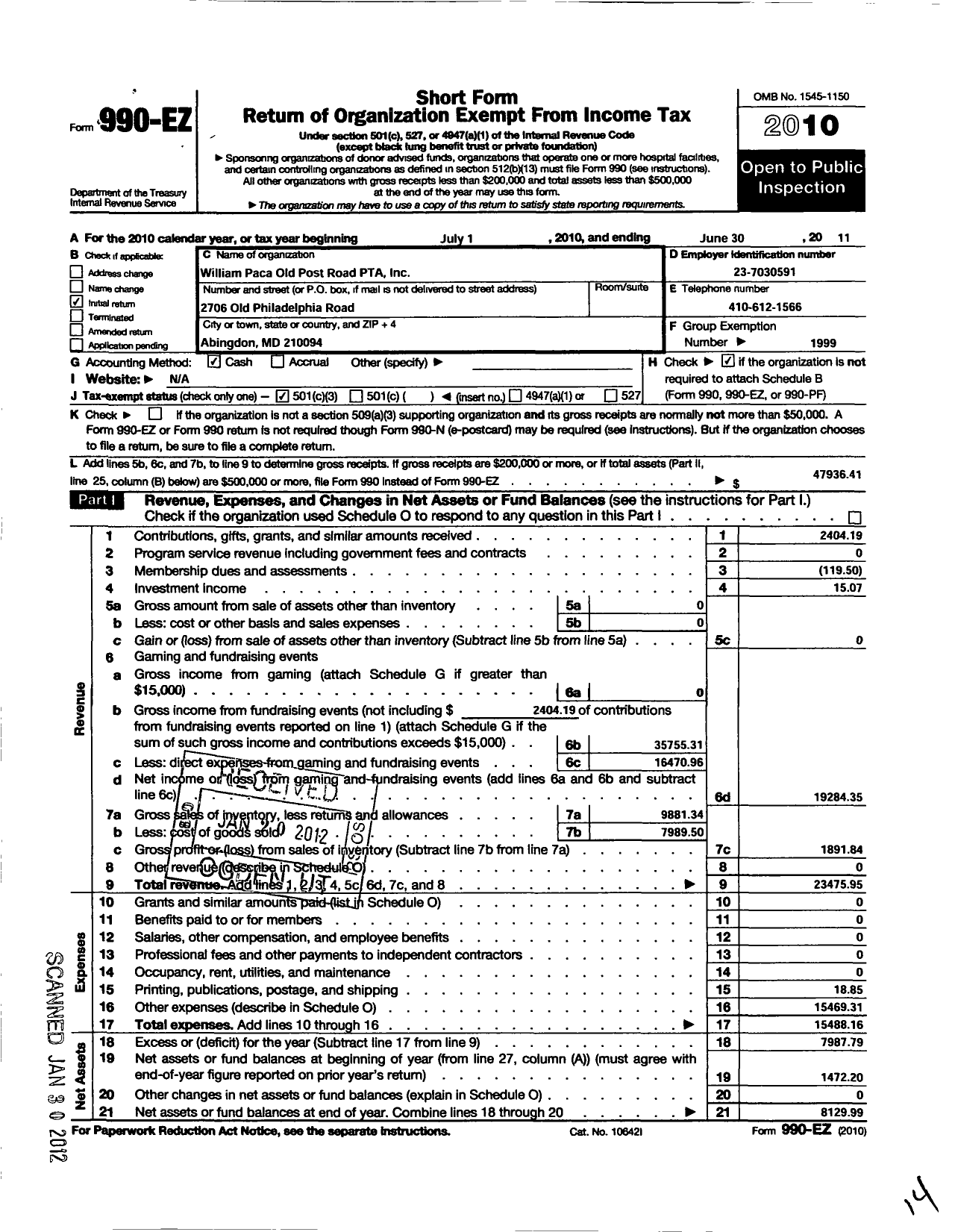 Image of first page of 2010 Form 990EZ for PTA Delaware Congress / William Paca Old Post Elementary