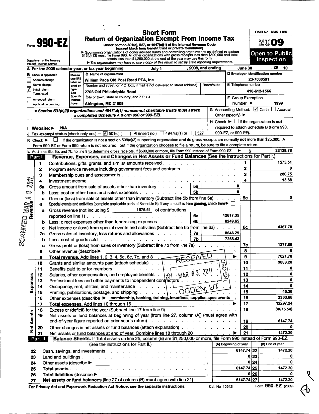 Image of first page of 2009 Form 990EO for PTA Delaware Congress / William Paca Old Post Elementary