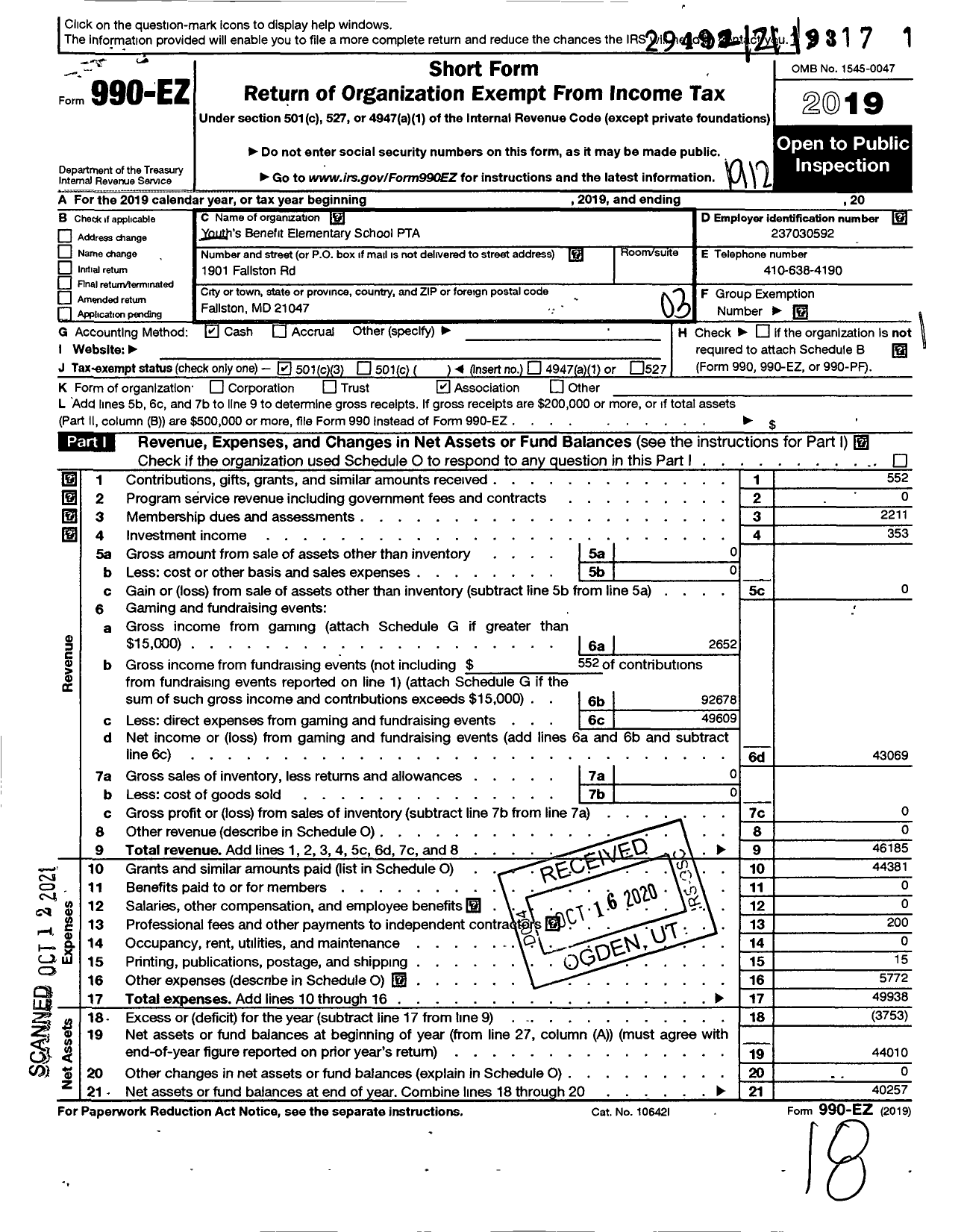 Image of first page of 2019 Form 990EZ for Youth's Benefit Elementary School PTA