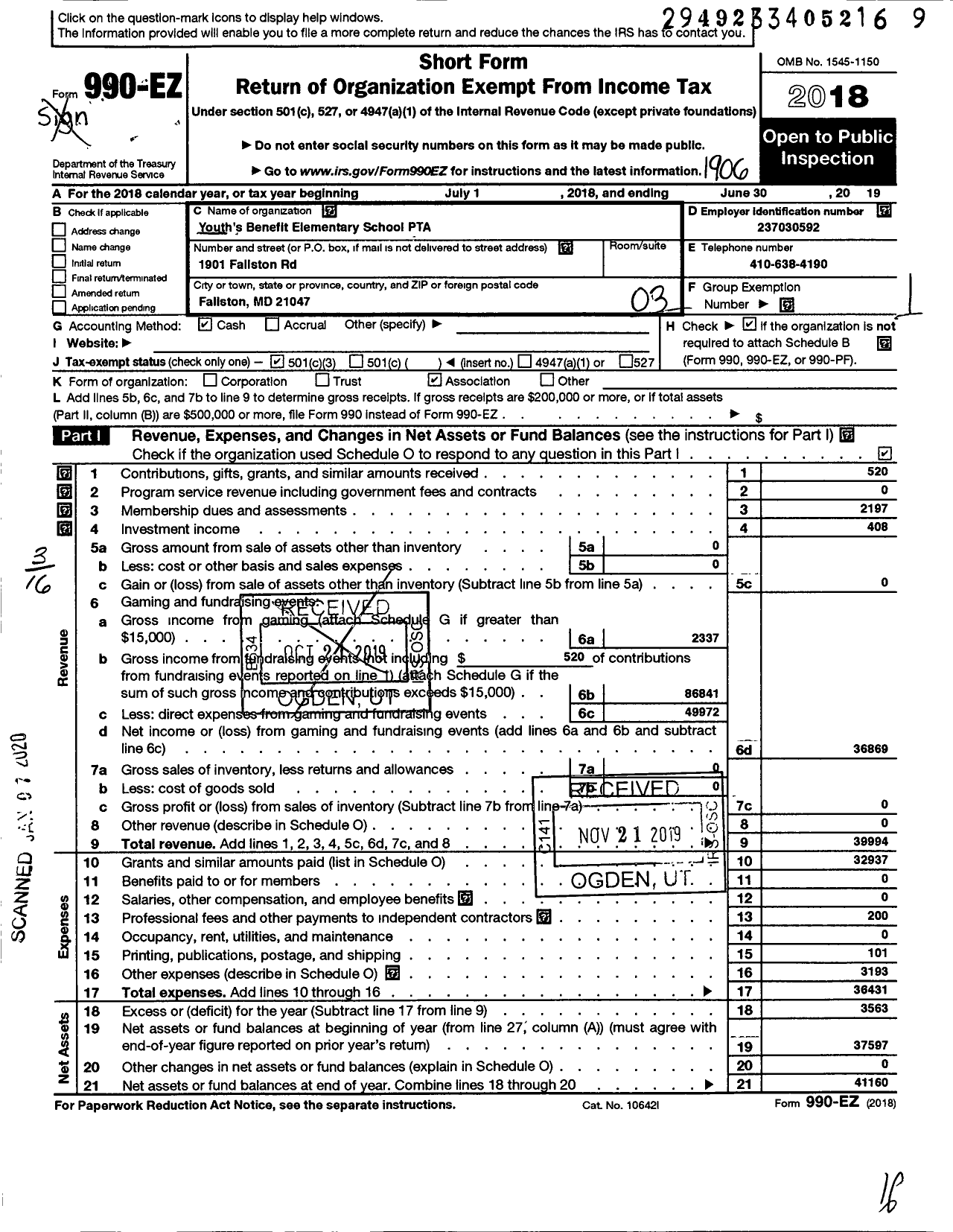 Image of first page of 2018 Form 990EZ for Youth's Benefit Elementary School PTA