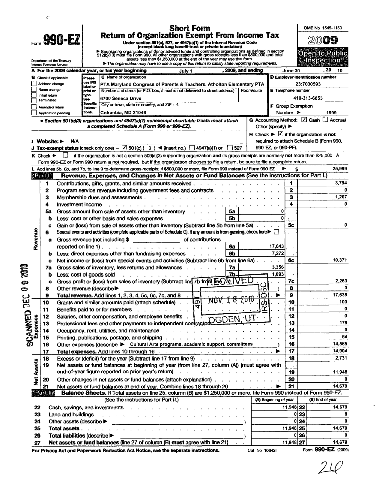 Image of first page of 2009 Form 990EZ for PTA Delaware Congress / Atholton Elementary School PTA