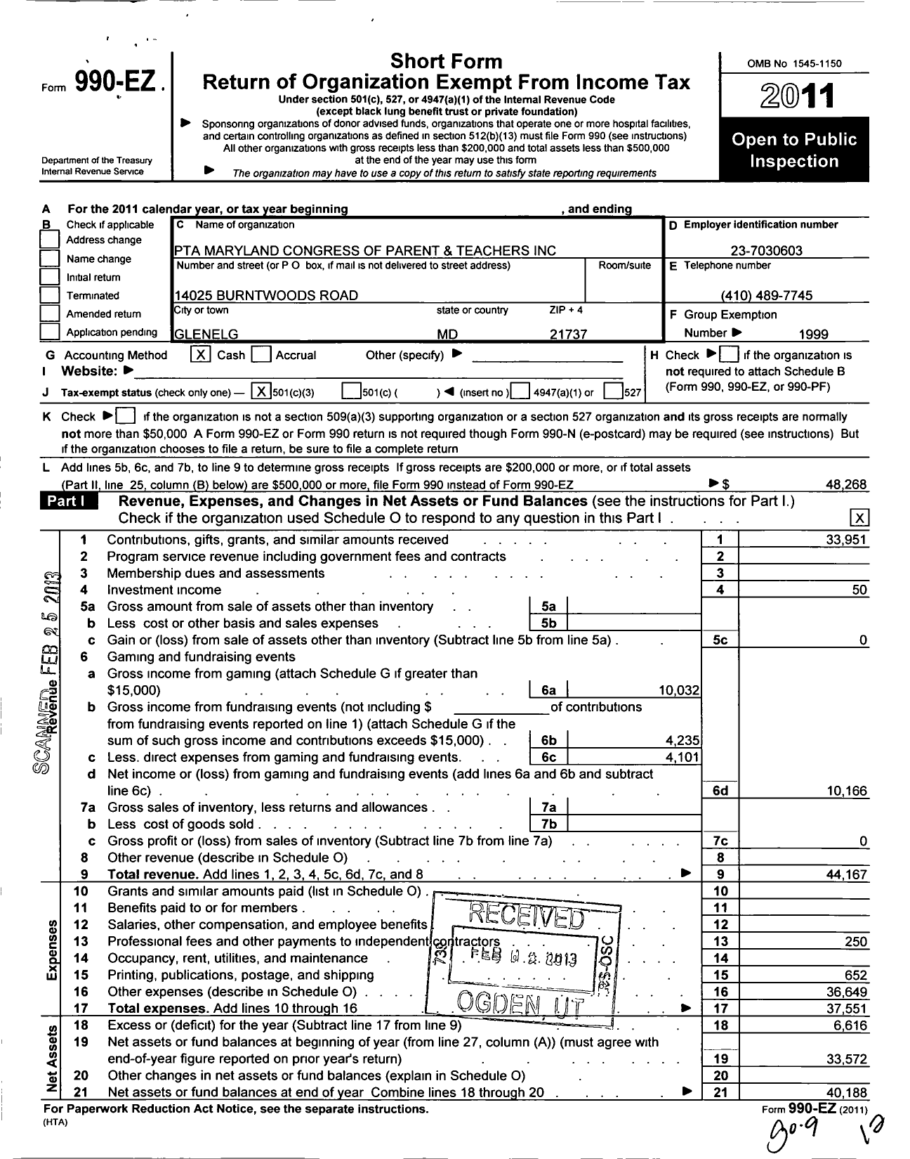 Image of first page of 2011 Form 990EZ for PTA Delaware Congress / Glenelg High School