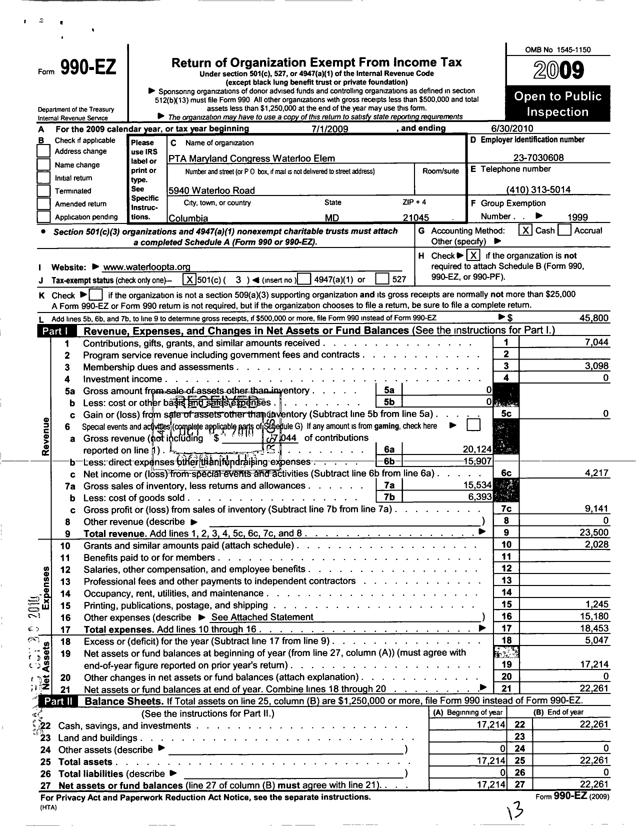 Image of first page of 2009 Form 990EZ for PTA Delaware Congress / Waterloo Elementary School PTA