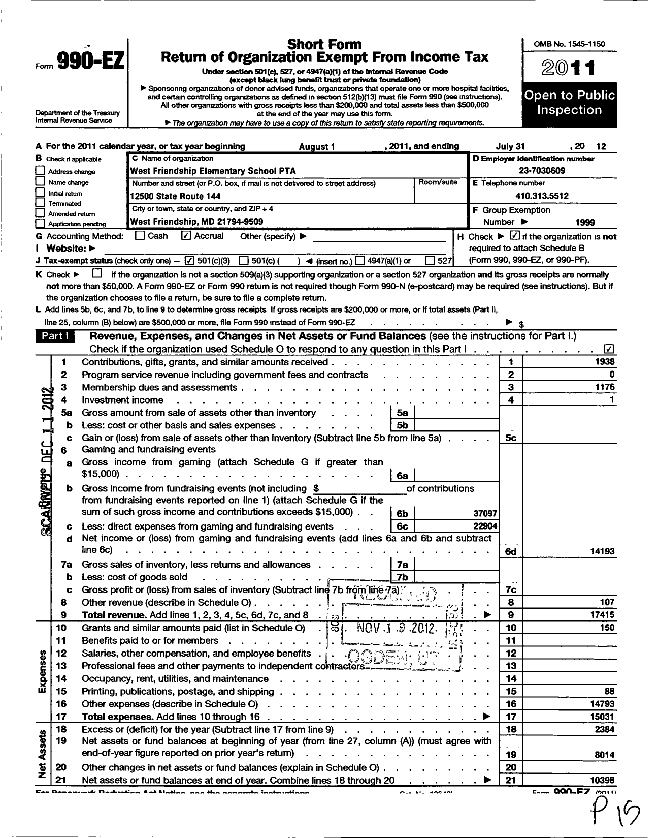 Image of first page of 2011 Form 990EZ for PTA Delaware Congress / West Frienship Elementary School PT