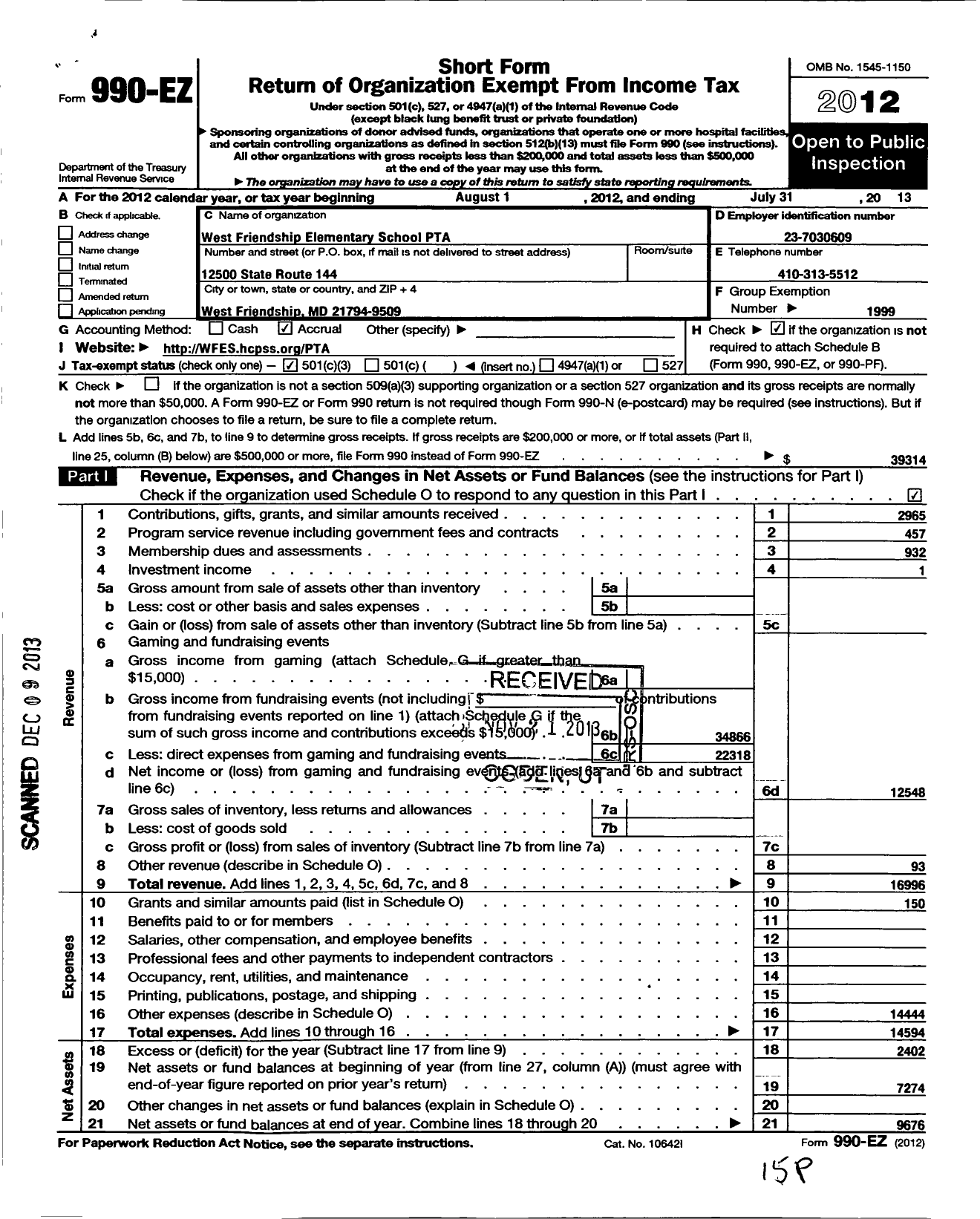 Image of first page of 2012 Form 990EZ for PTA Delaware Congress / West Frienship Elementary School PT