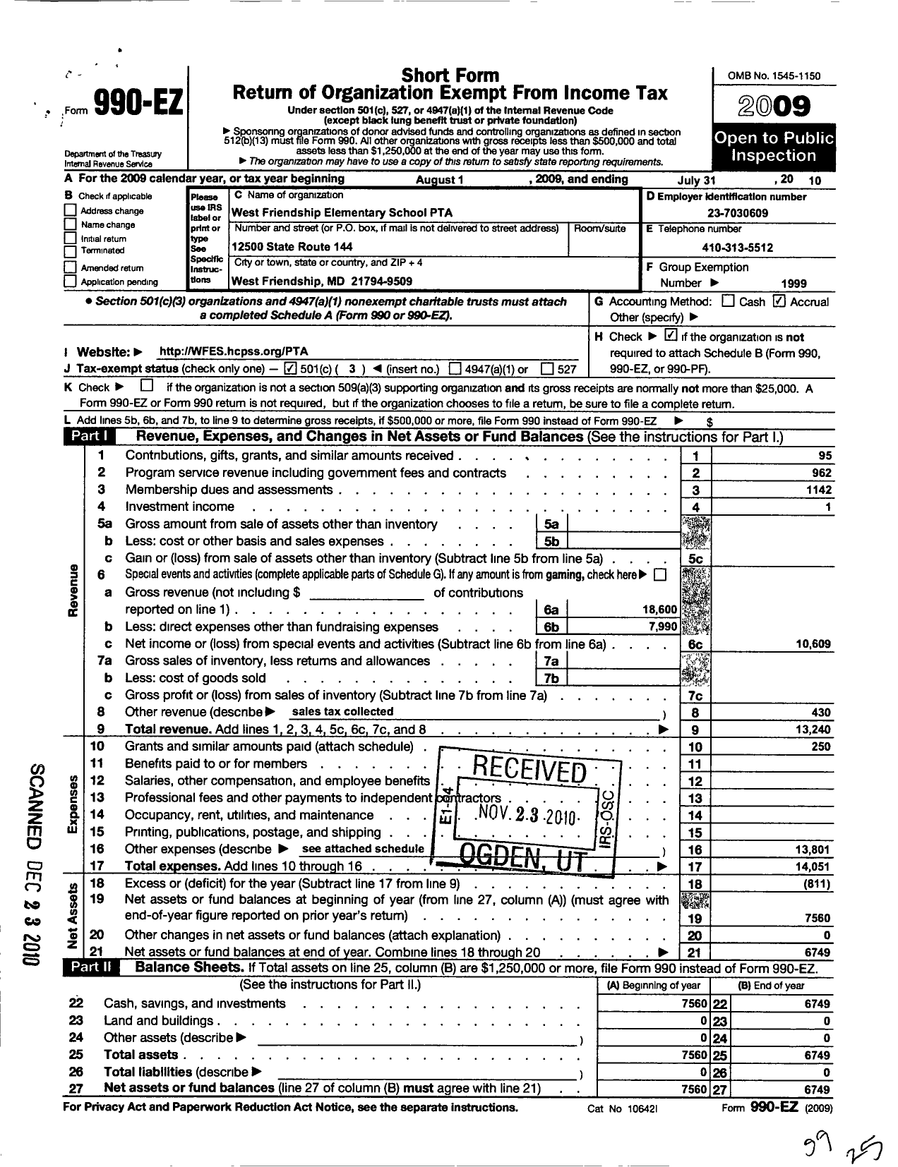 Image of first page of 2009 Form 990EZ for PTA Delaware Congress / West Frienship Elementary School PT