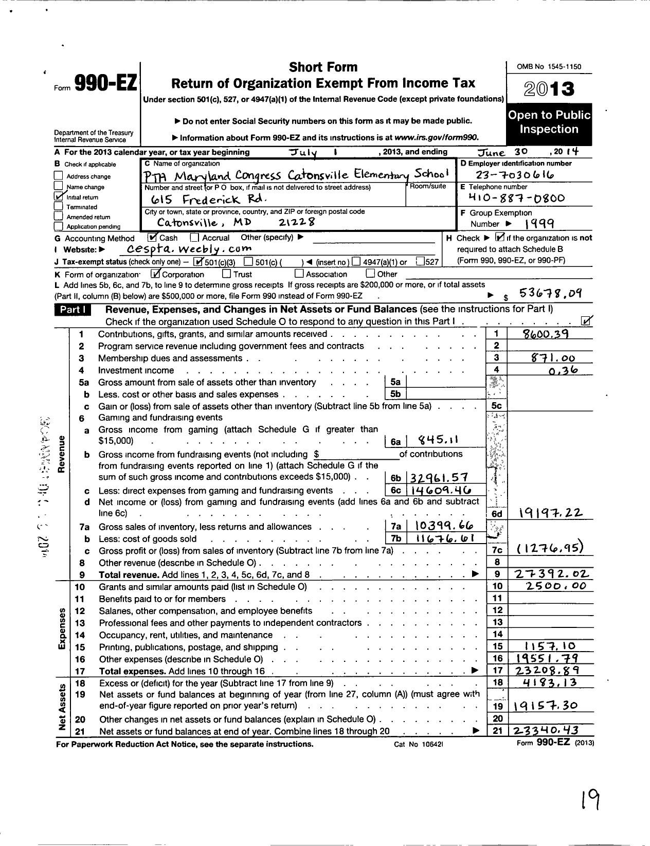 Image of first page of 2013 Form 990EZ for PTA Delaware Congress / Catonsville Elementary School PTA