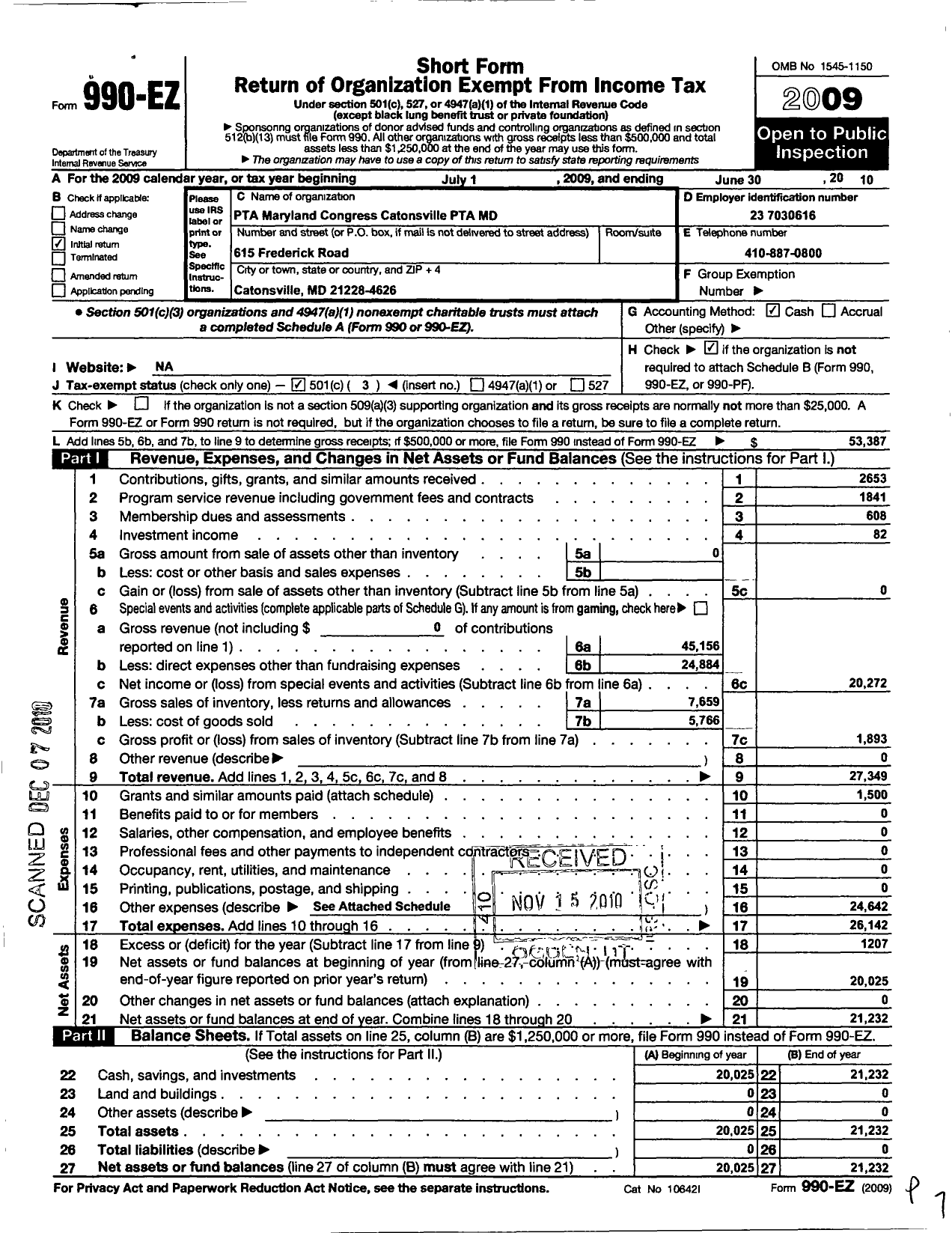 Image of first page of 2009 Form 990EZ for PTA Delaware Congress / Catonsville Elementary School PTA