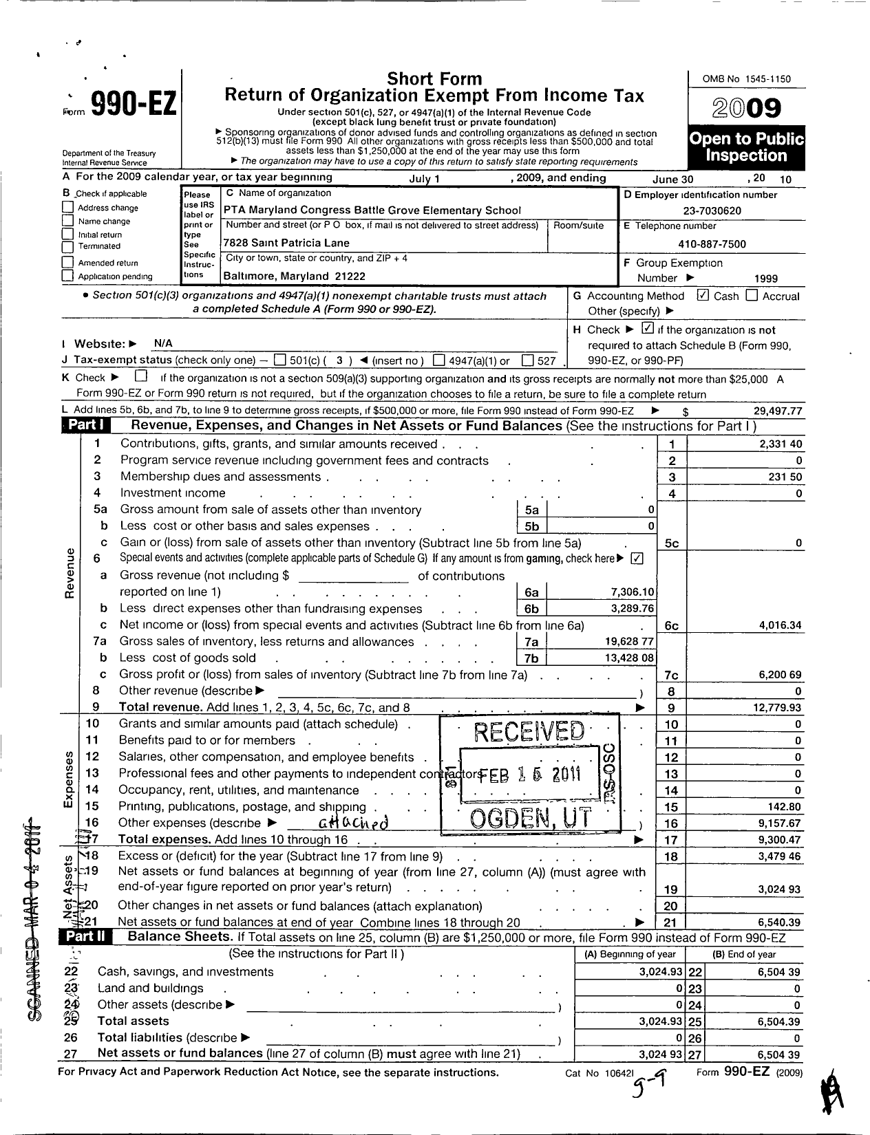 Image of first page of 2009 Form 990EZ for PTA Maryland Congress of Parent and Teachers / Battle Grove Elementary School PTA