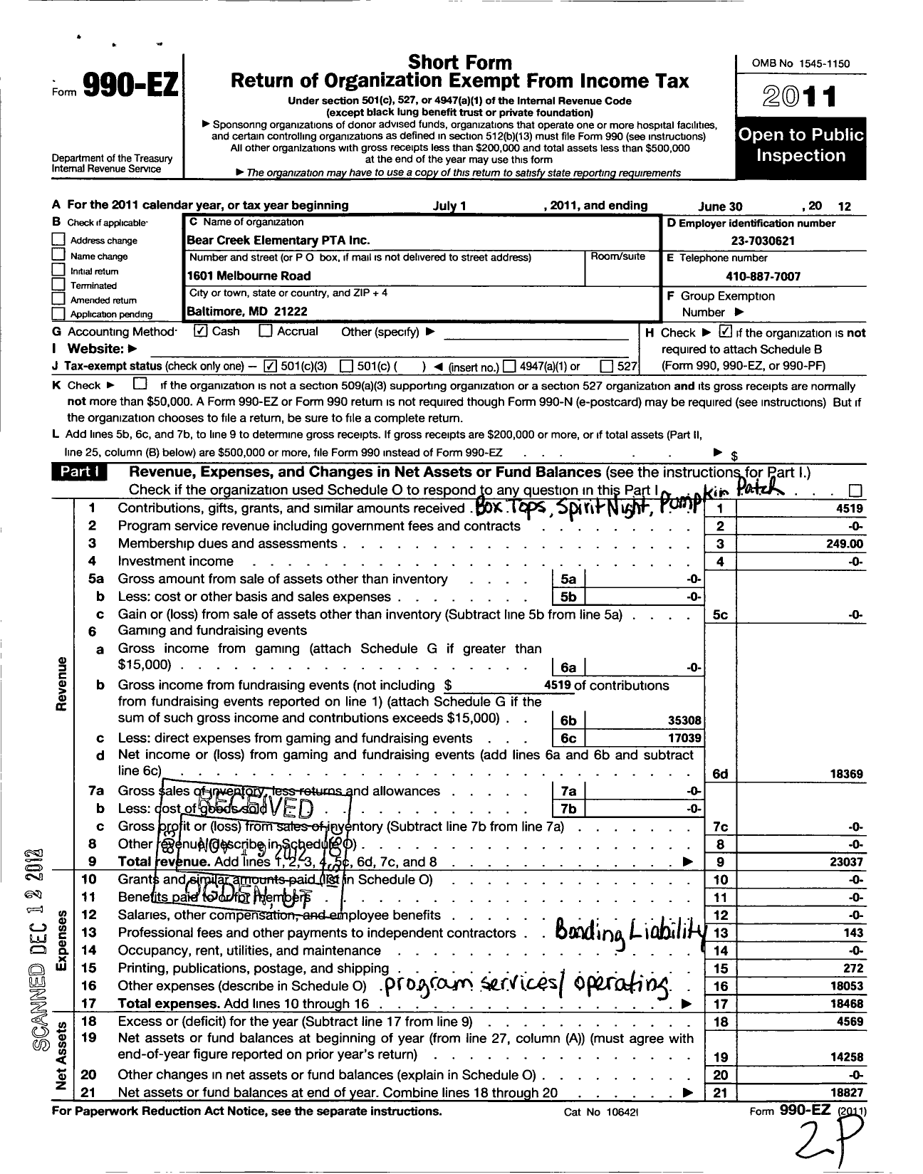 Image of first page of 2011 Form 990EZ for PTA Maryland Congress of Parent and Teachers / Bear Creek Elementary