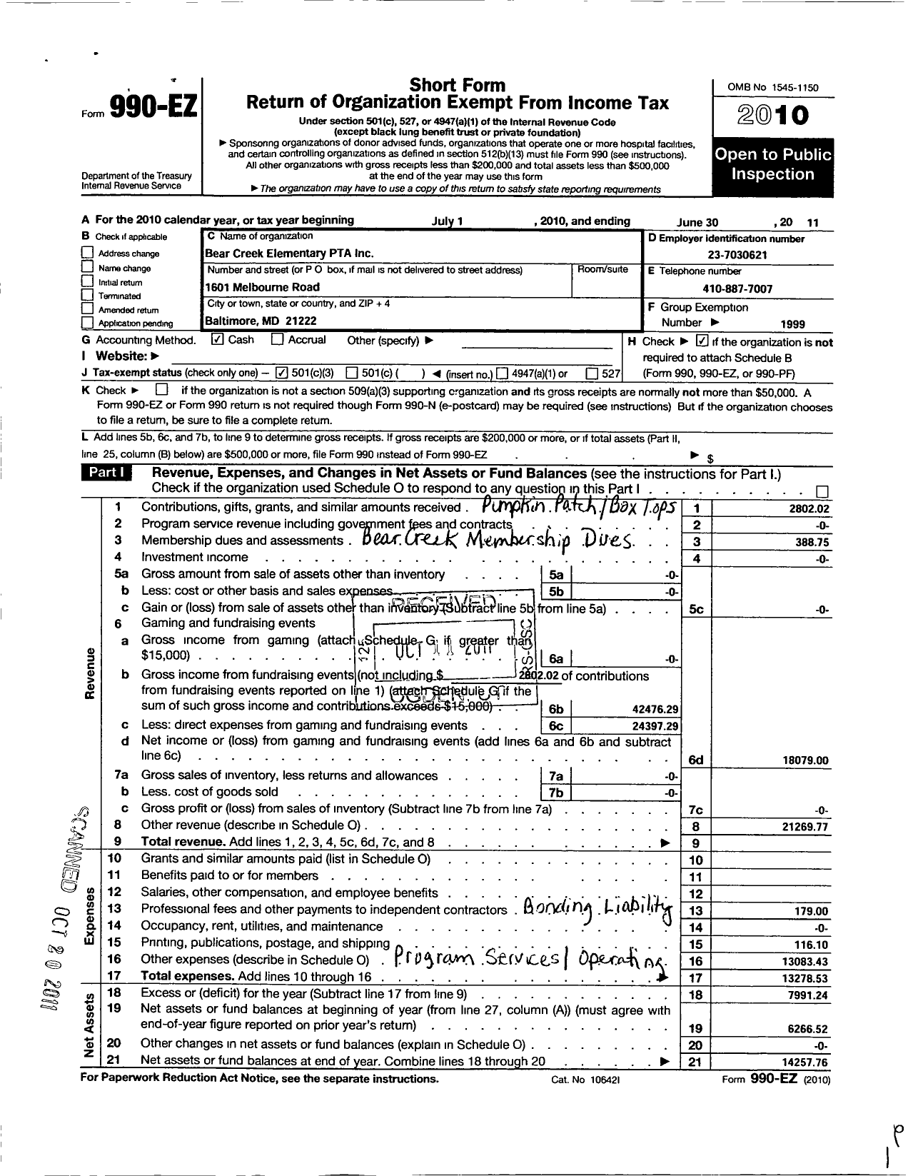 Image of first page of 2010 Form 990EZ for PTA Maryland Congress of Parent and Teachers / Bear Creek Elementary