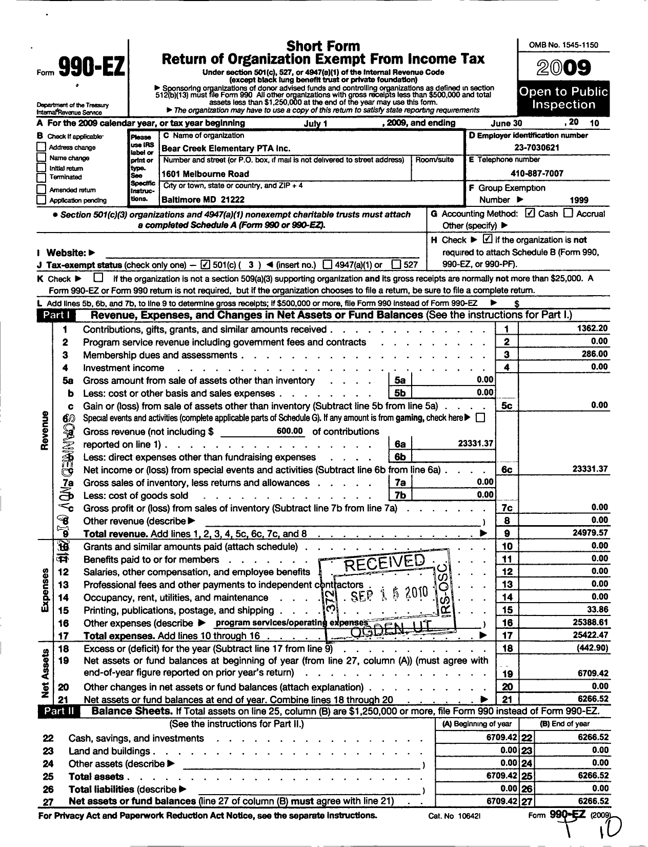 Image of first page of 2009 Form 990EZ for PTA Maryland Congress of Parent and Teachers / Bear Creek Elementary