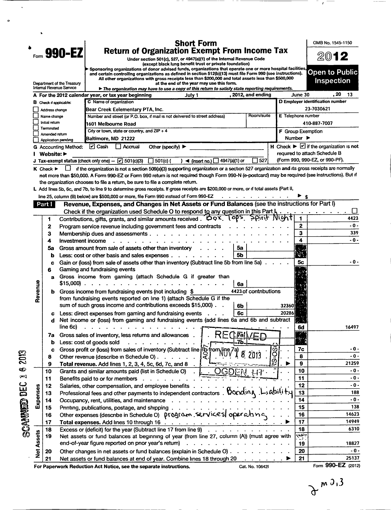 Image of first page of 2012 Form 990EZ for PTA Maryland Congress of Parent and Teachers / Bear Creek Elementary