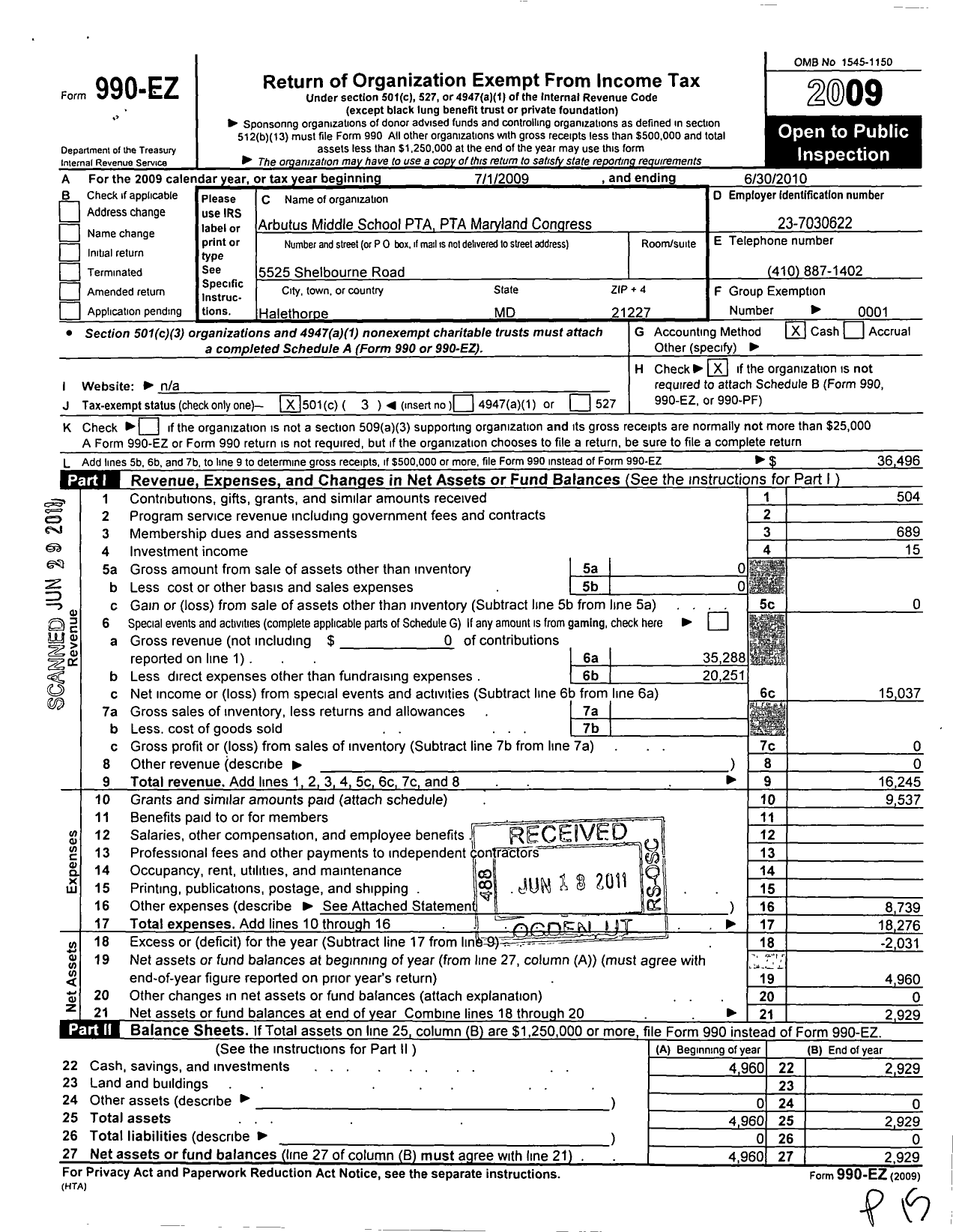 Image of first page of 2009 Form 990EZ for PTA Delaware Congress / Arbutus Middle School PTA Baltimore