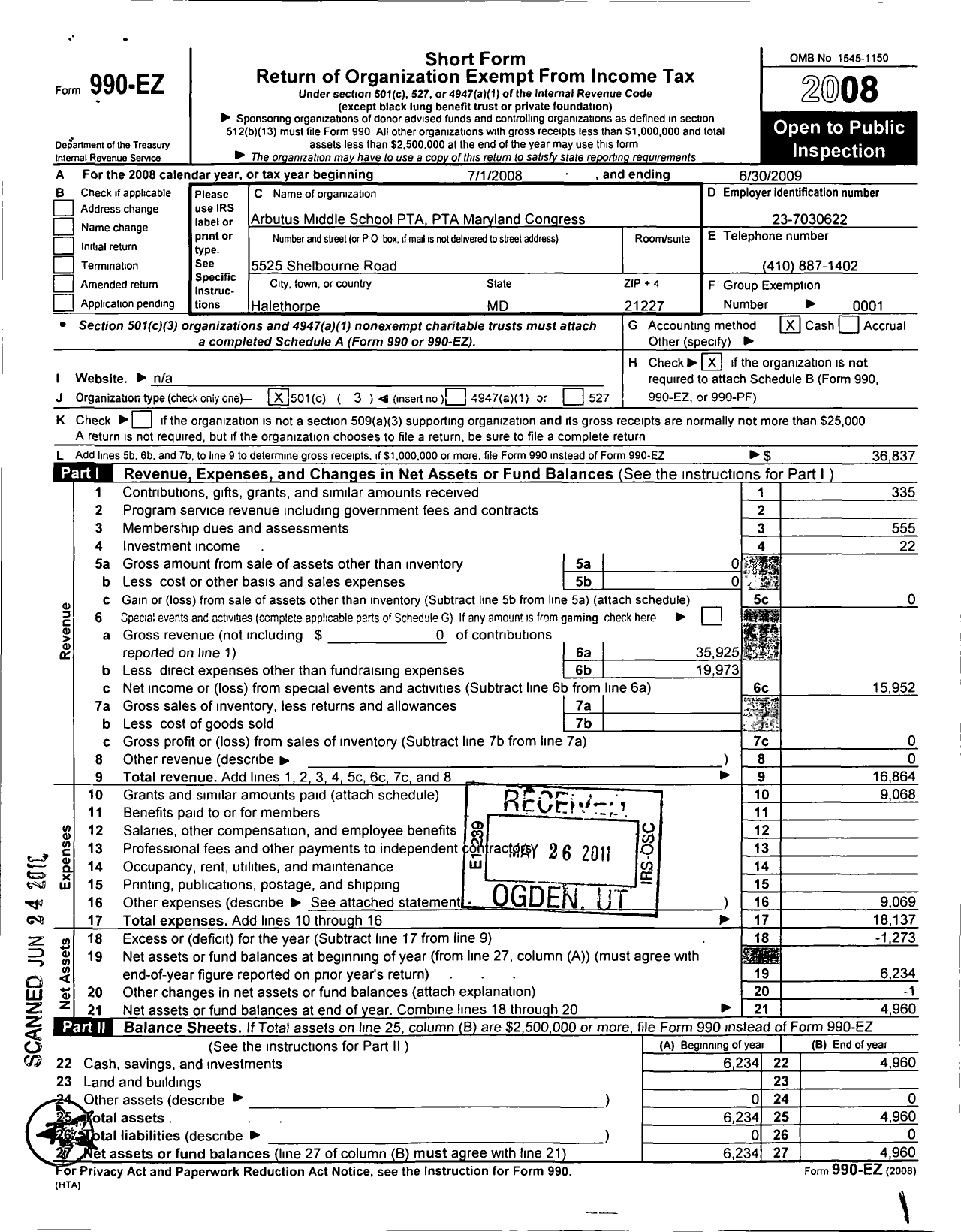 Image of first page of 2008 Form 990EZ for PTA Delaware Congress / Arbutus Middle School PTA Baltimore