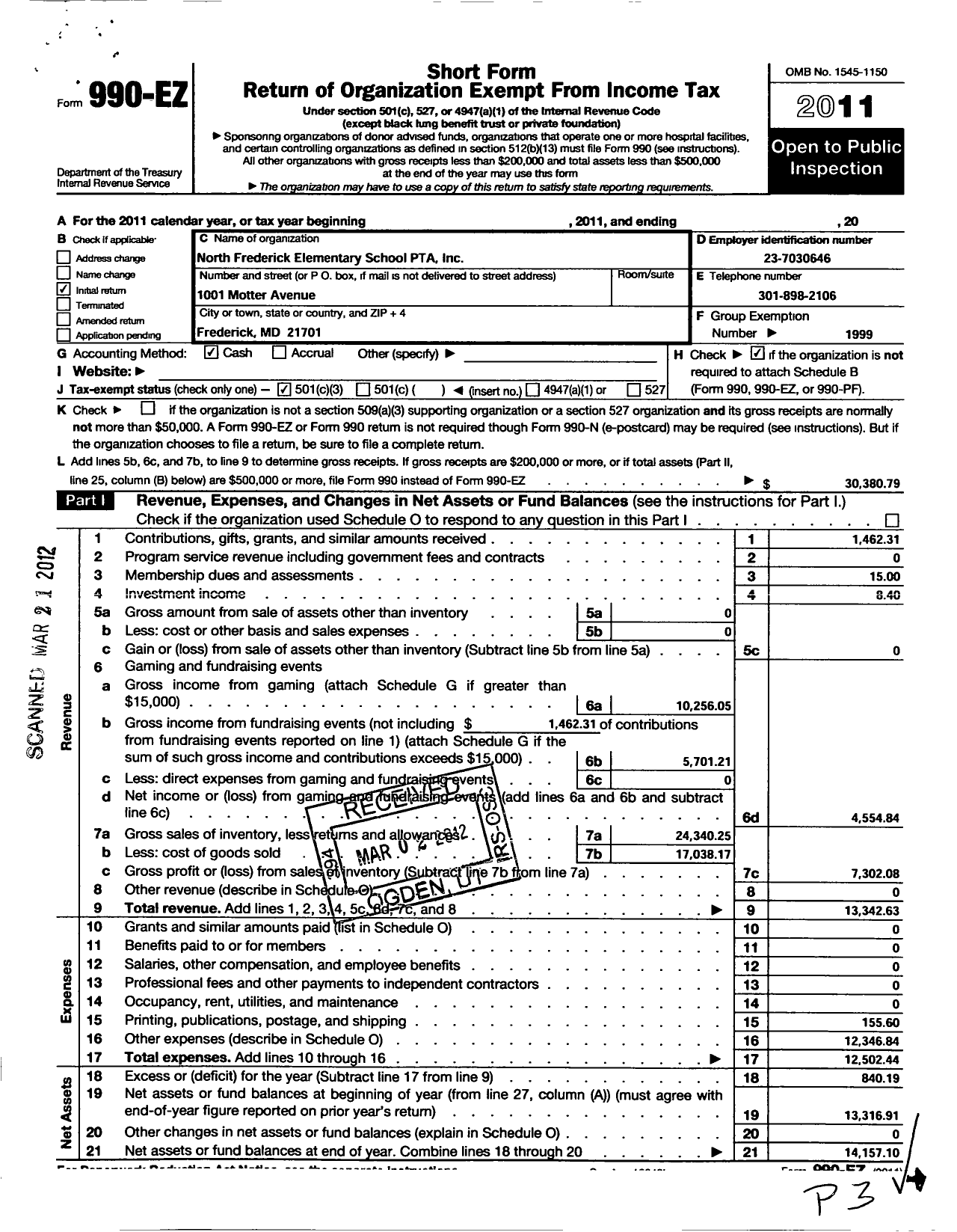 Image of first page of 2011 Form 990EZ for PTA Maryland Congress of Parents Teachers