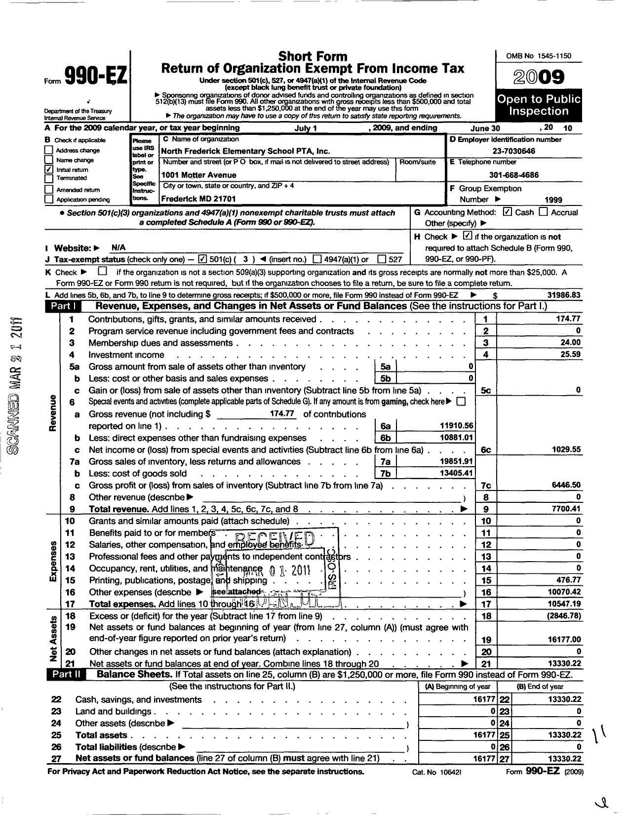 Image of first page of 2009 Form 990EZ for PTA Maryland Congress of Parents Teachers