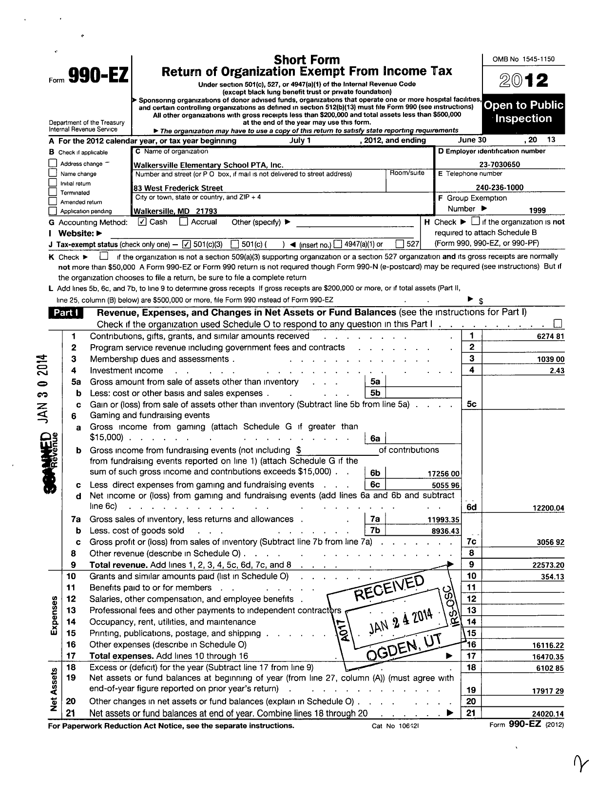 Image of first page of 2012 Form 990EZ for Walkersville Elementary School PTA