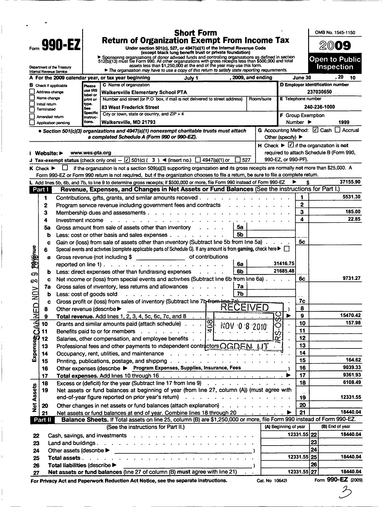 Image of first page of 2009 Form 990EZ for Walkersville Elementary School PTA