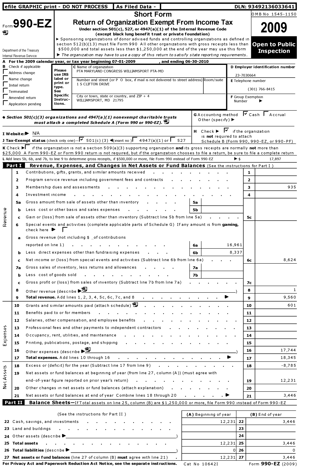 Image of first page of 2009 Form 990EZ for PTA Maryland Congress of Parent and Teachers / Williamsport Elementary & High