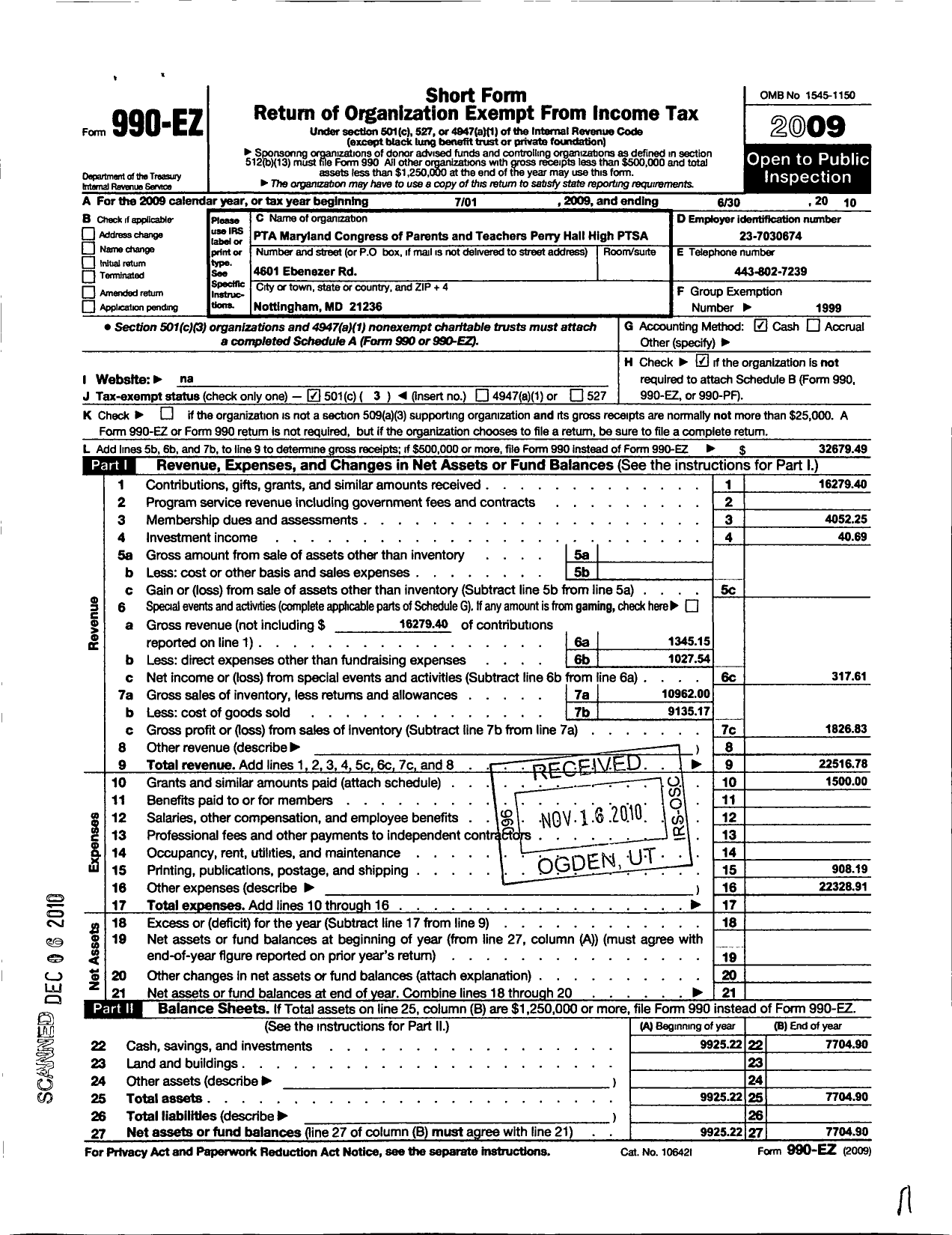 Image of first page of 2009 Form 990EZ for PTA Delaware Congress / Perry Hall Senior High