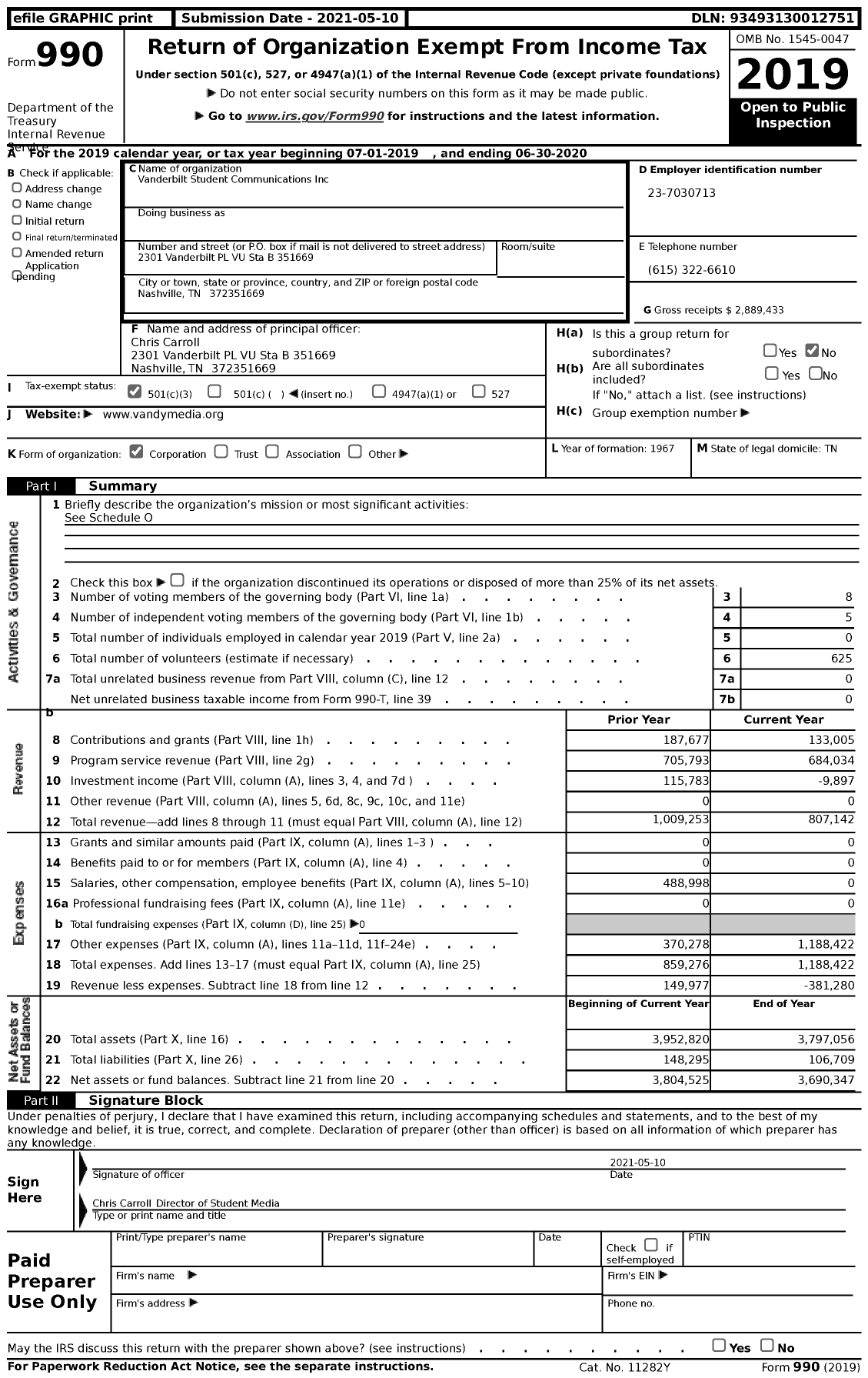 Image of first page of 2019 Form 990 for Vanderbilt Student Communications