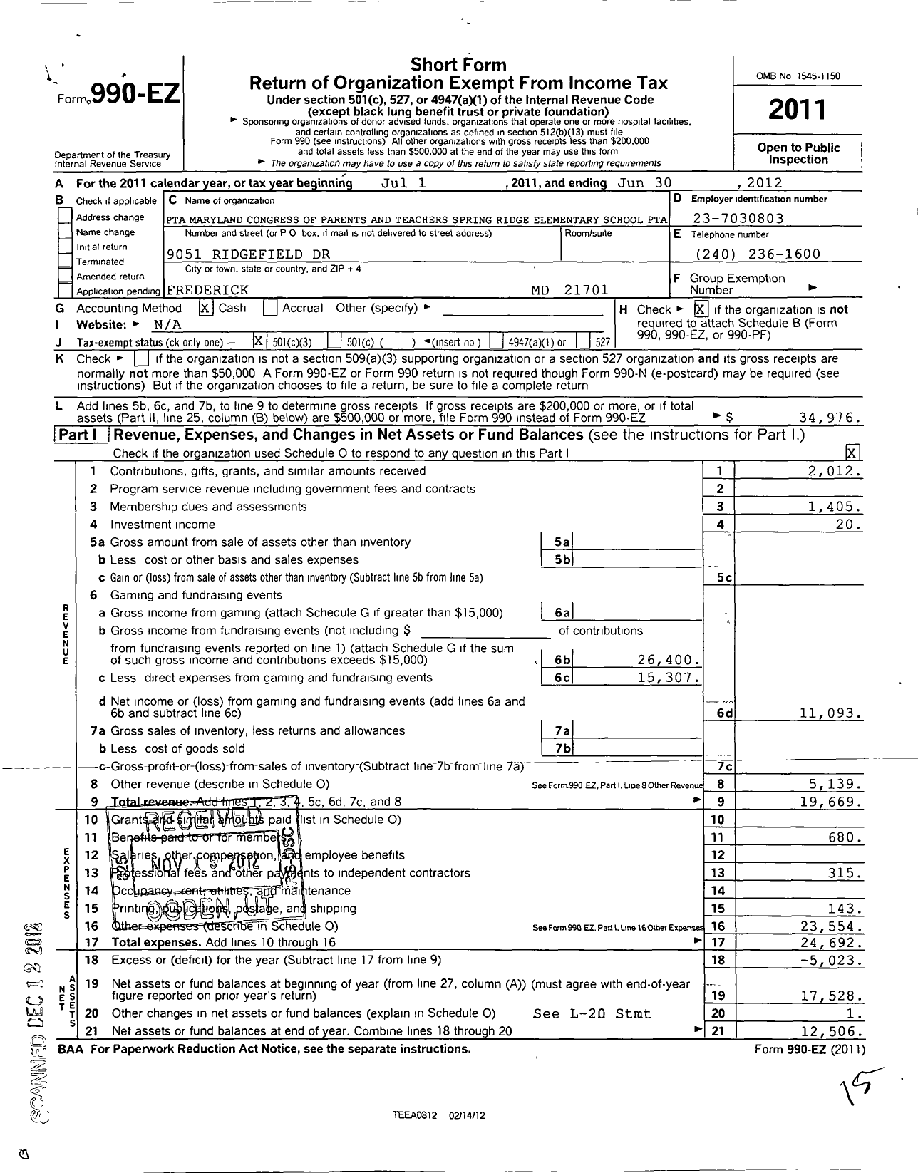 Image of first page of 2011 Form 990EZ for Spring Ridge Elementary