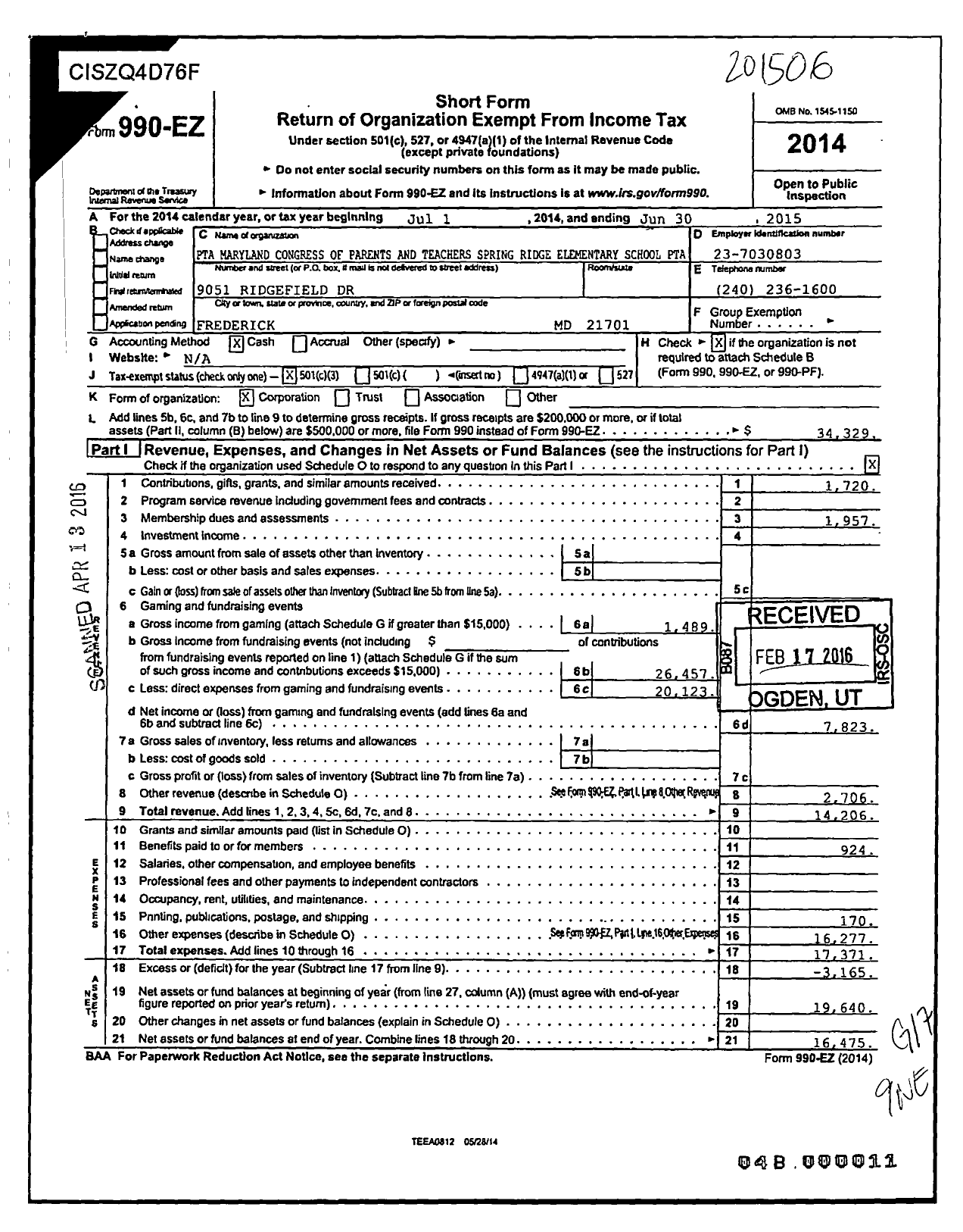 Image of first page of 2014 Form 990EZ for Spring Ridge Elementary