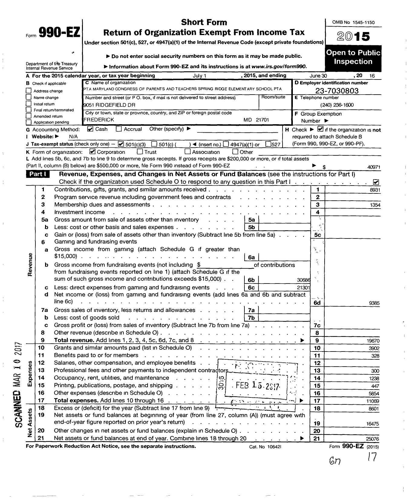 Image of first page of 2015 Form 990EZ for Spring Ridge Elementary