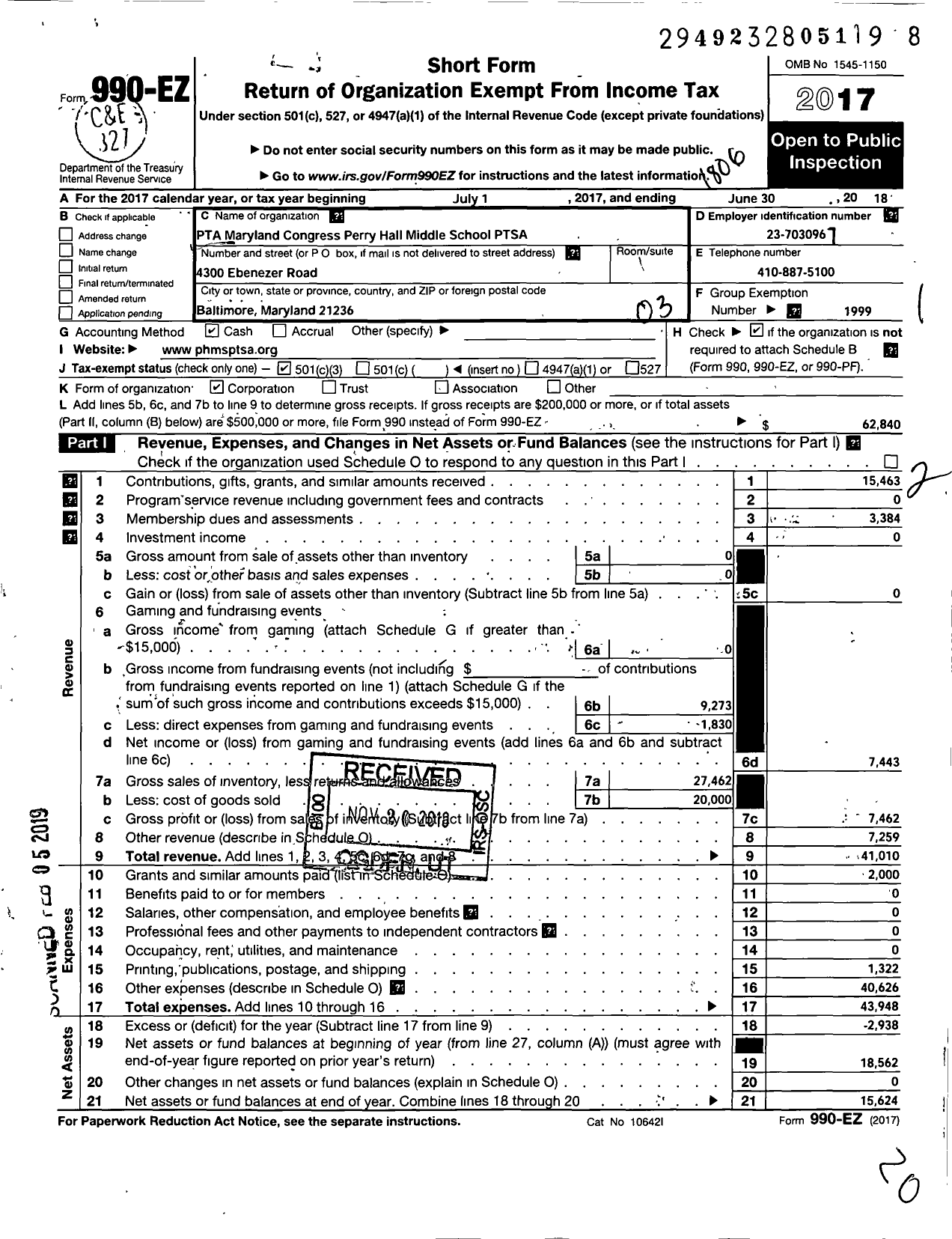 Image of first page of 2017 Form 990EZ for PTA DELAWARE CONGRESS Perry Hall Middle PTSA