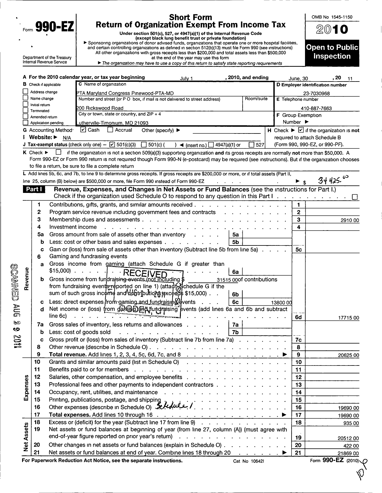 Image of first page of 2010 Form 990EZ for PTA Delaware Congress / Pinewood Elementary School PTA