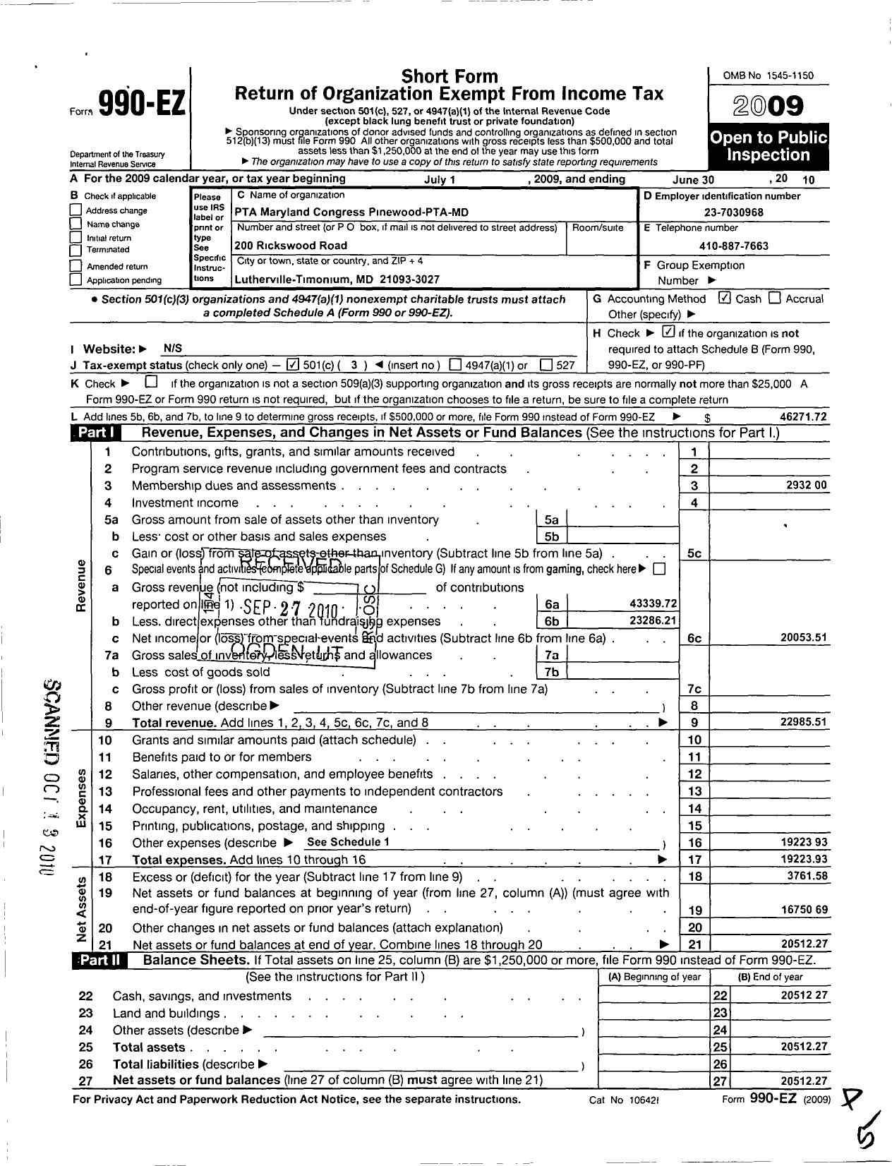 Image of first page of 2009 Form 990EZ for PTA Delaware Congress / Pinewood Elementary School PTA