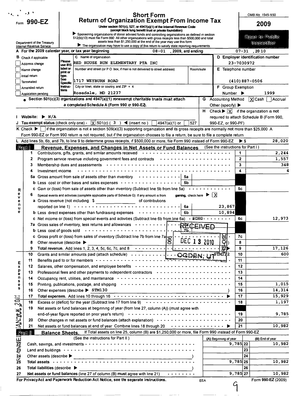 Image of first page of 2009 Form 990EZ for PTA Maryland Congress of Parents and Teachers / Red House Run Elementary PTA