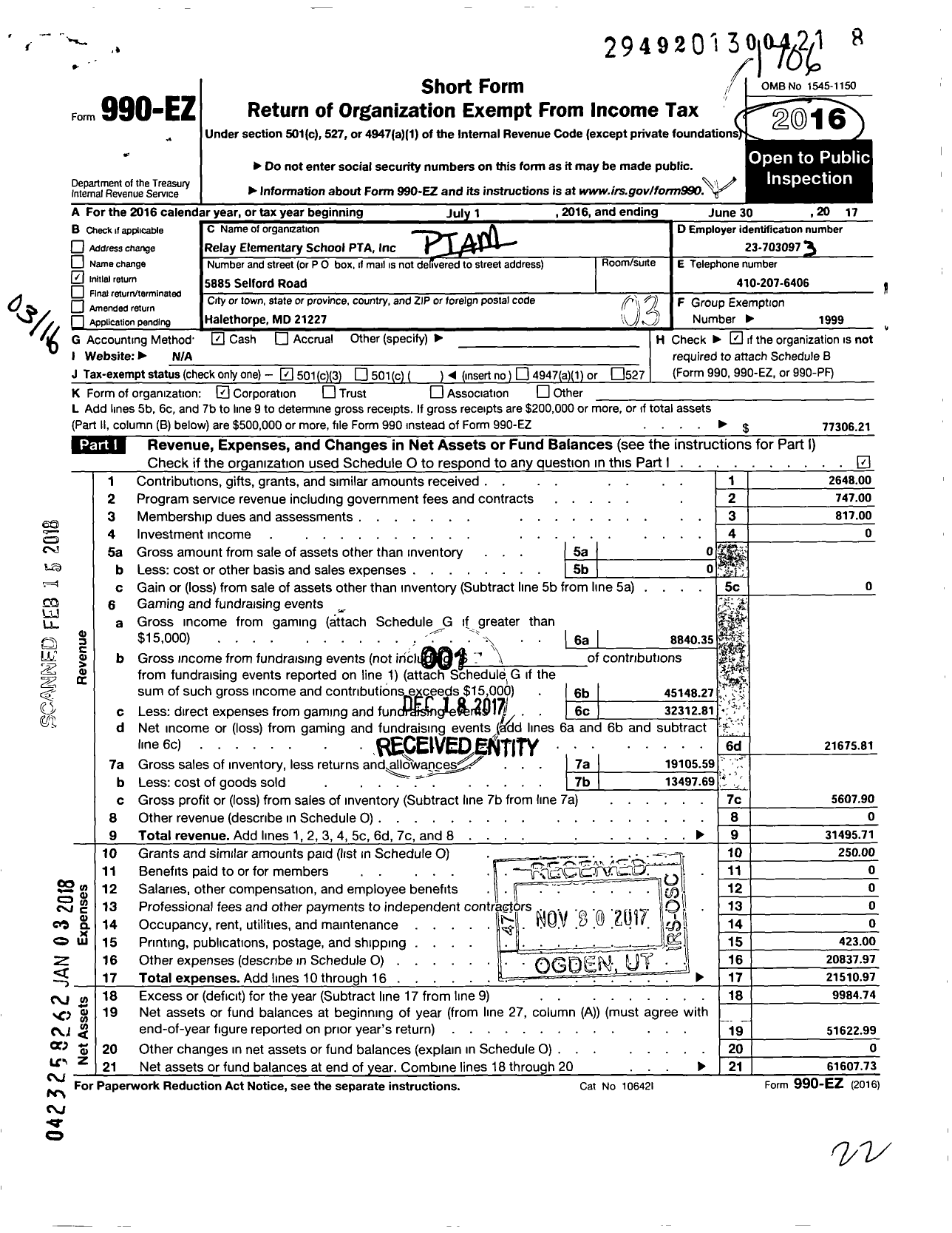 Image of first page of 2016 Form 990EZ for PTA Relay Elementary School