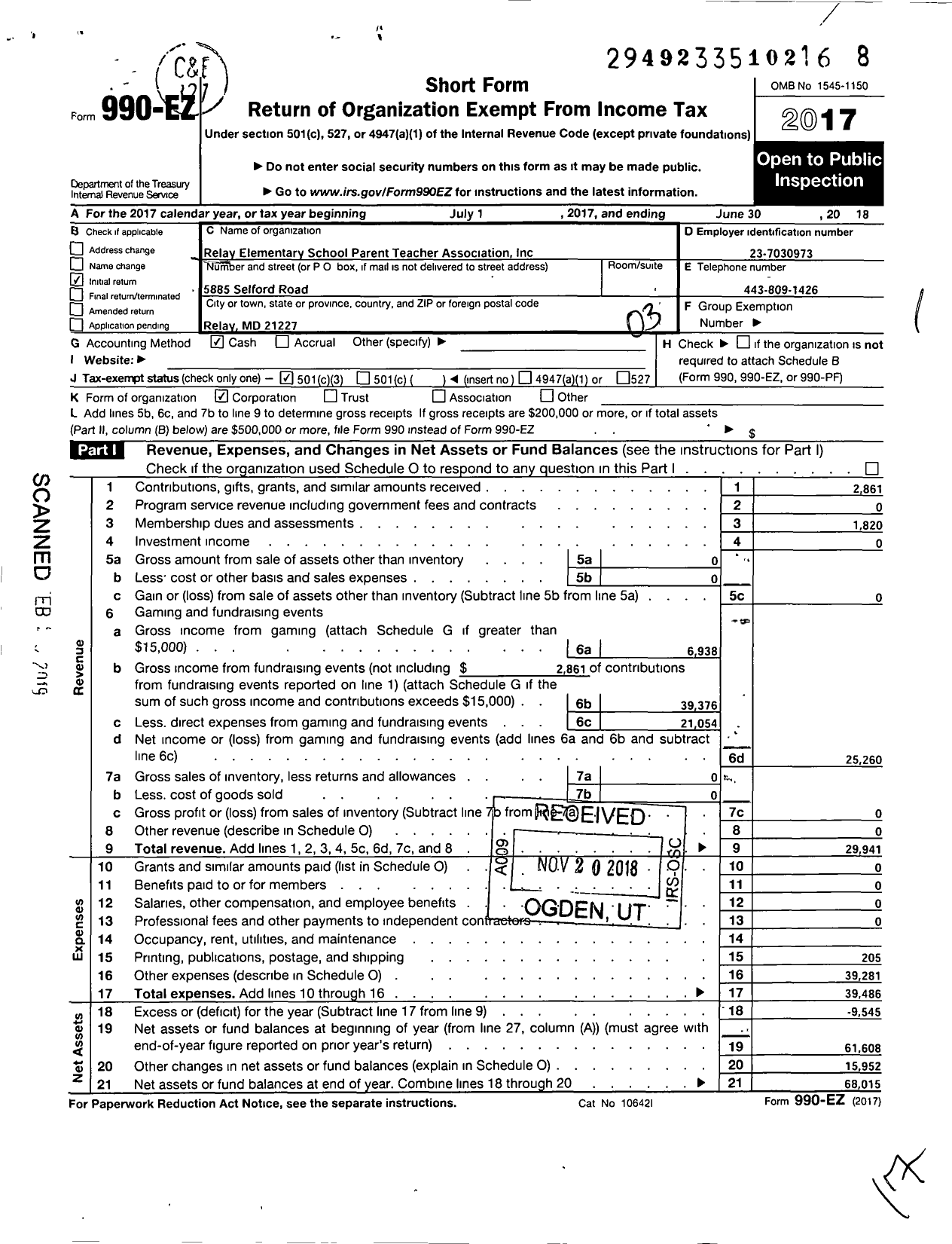 Image of first page of 2017 Form 990EZ for PTA Relay Elementary School