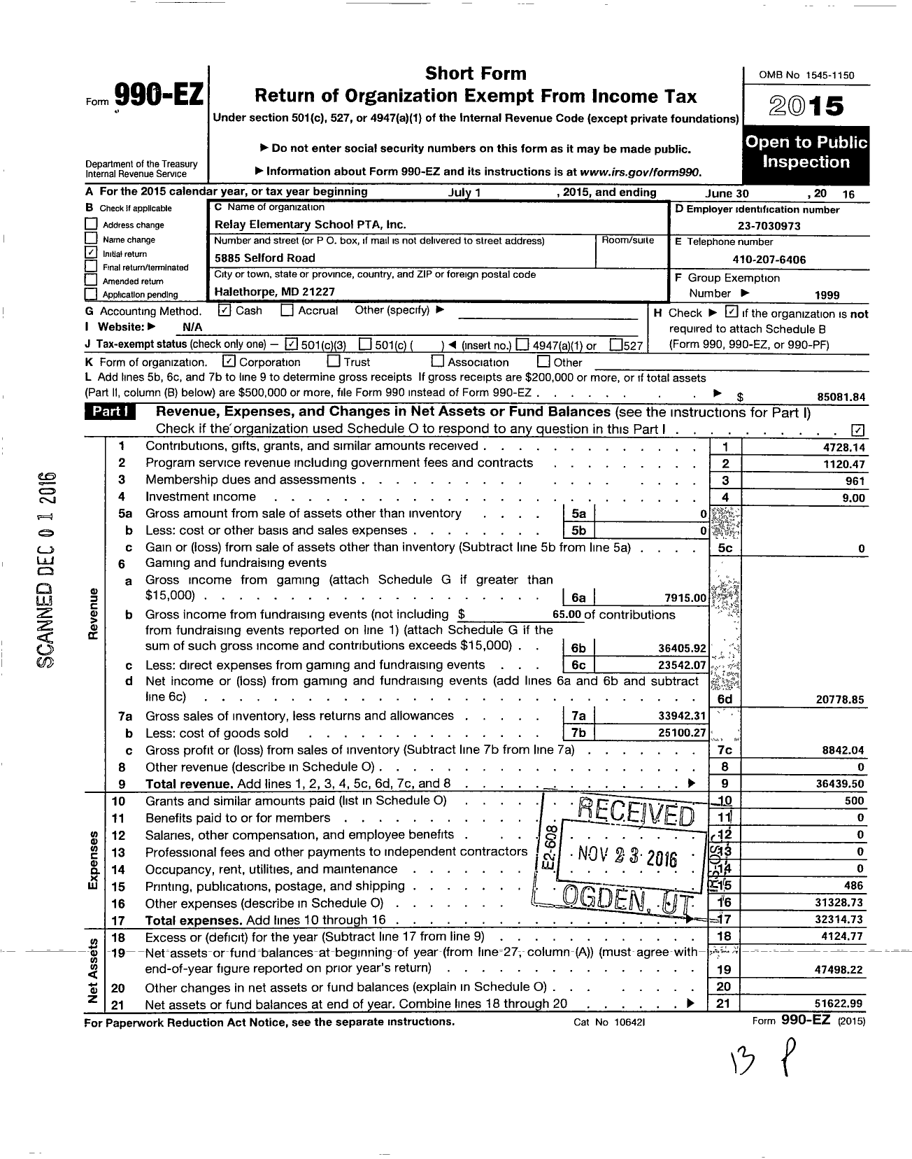 Image of first page of 2015 Form 990EZ for PTA Relay Elementary School