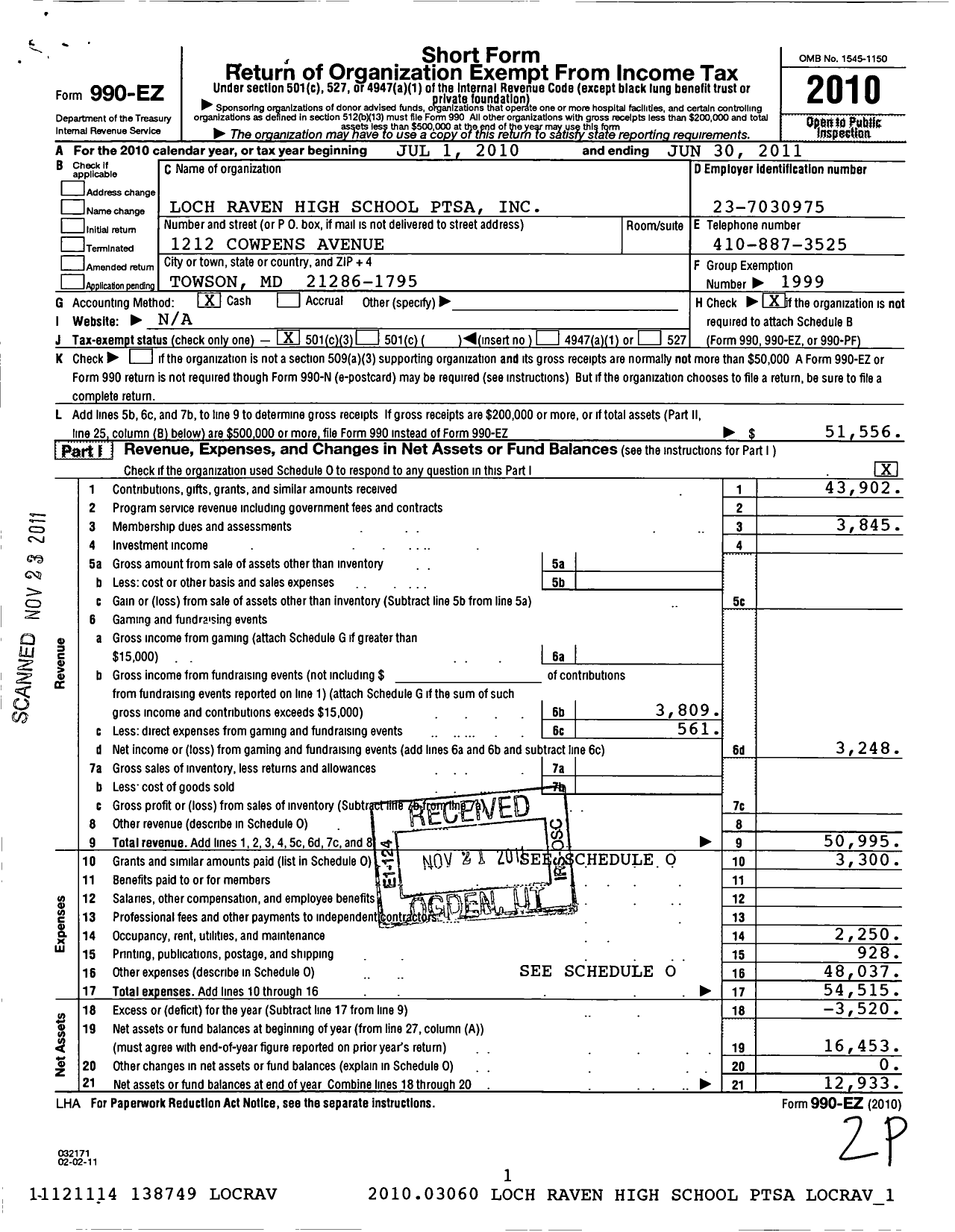 Image of first page of 2010 Form 990EZ for PTA Delaware Congress / Loch Raven Senior High-Baltimore