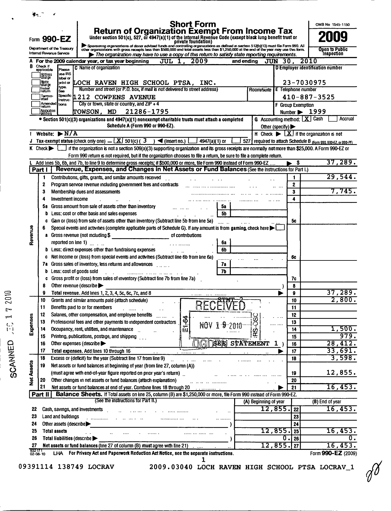 Image of first page of 2009 Form 990EZ for PTA Delaware Congress / Loch Raven Senior High-Baltimore