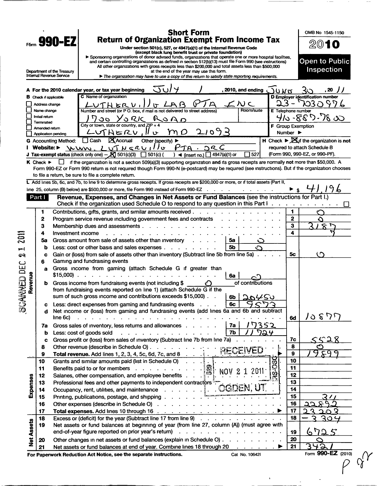 Image of first page of 2010 Form 990EZ for PTA Delaware Congress / Lutherville Lab PTA Inc