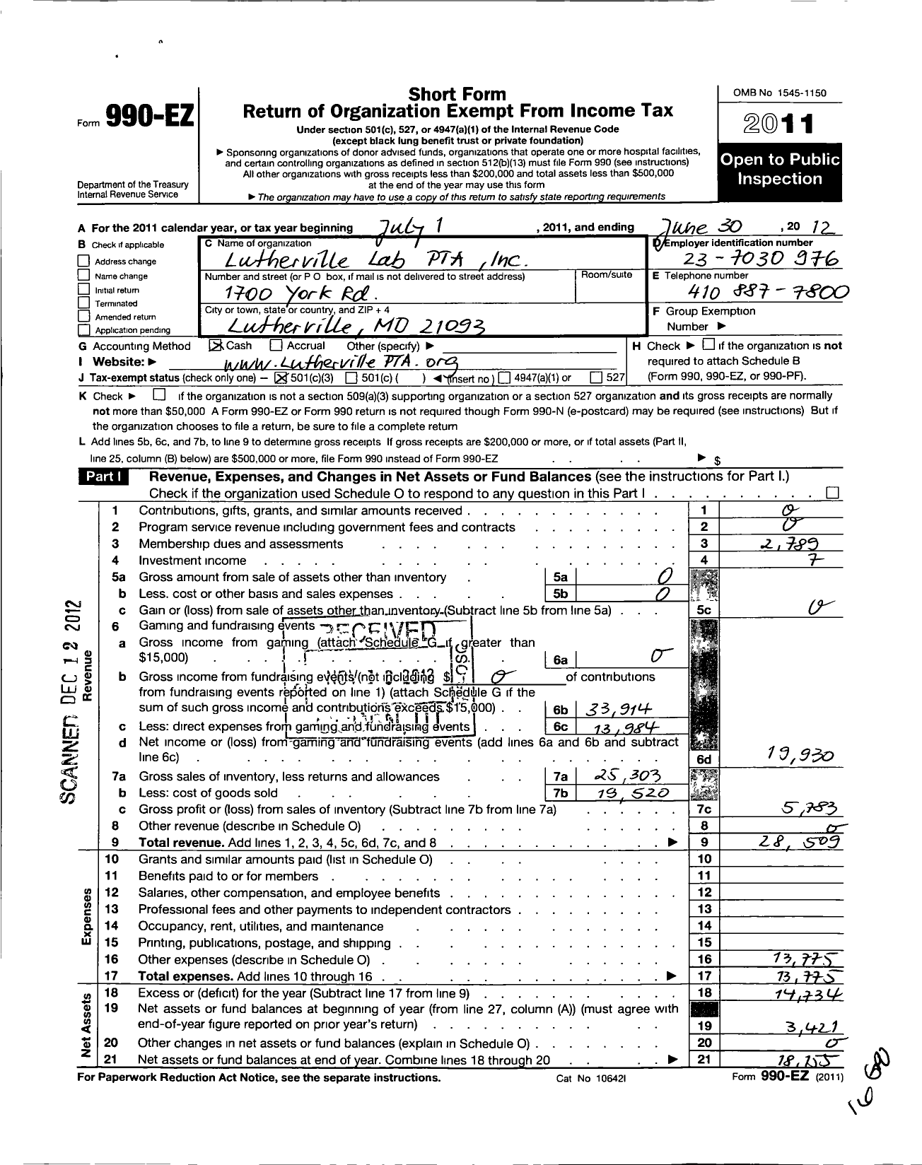 Image of first page of 2011 Form 990EZ for PTA Delaware Congress / Lutherville Lab PTA Inc