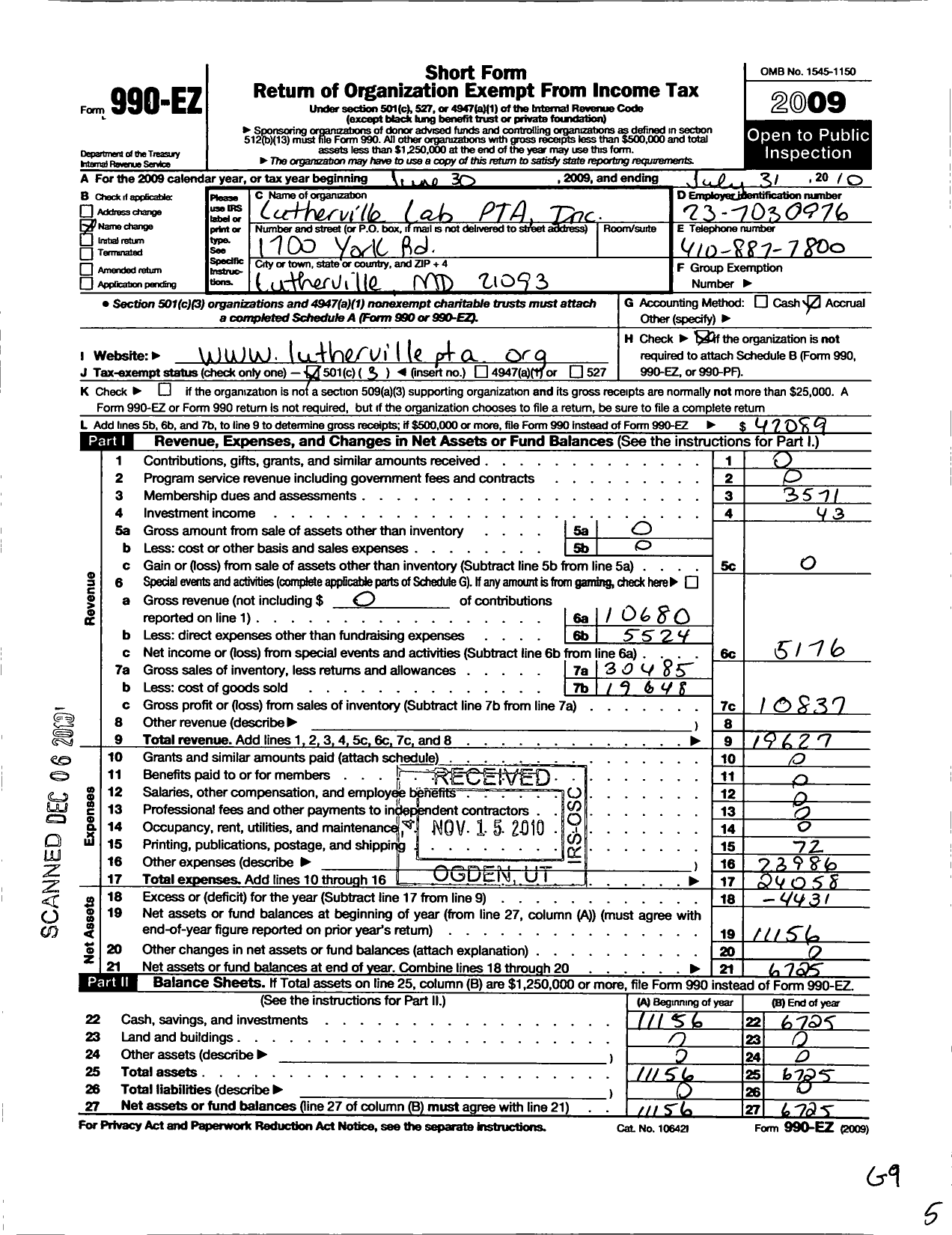 Image of first page of 2009 Form 990EZ for PTA Delaware Congress / Lutherville Lab PTA Inc