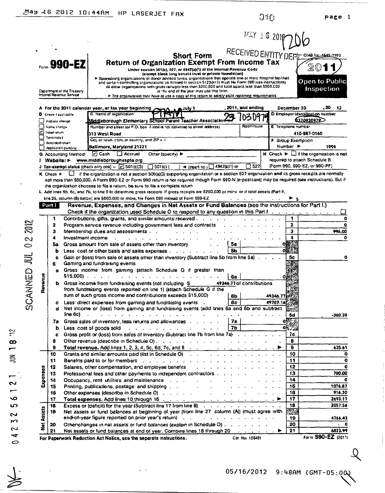 Image of first page of 2011 Form 990EZ for PTA Maryland Congress of Parent and Teachers / Middleborough Elementary