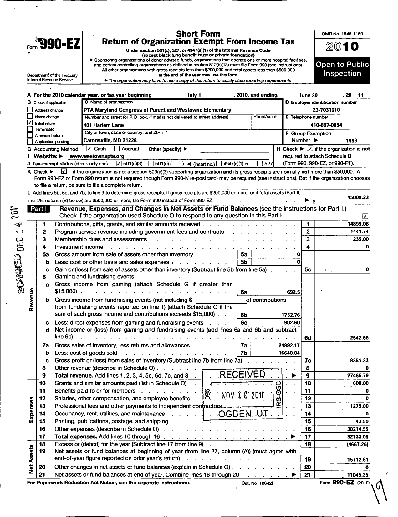 Image of first page of 2010 Form 990EZ for PTA Delaware Congress / Westowne Elementary