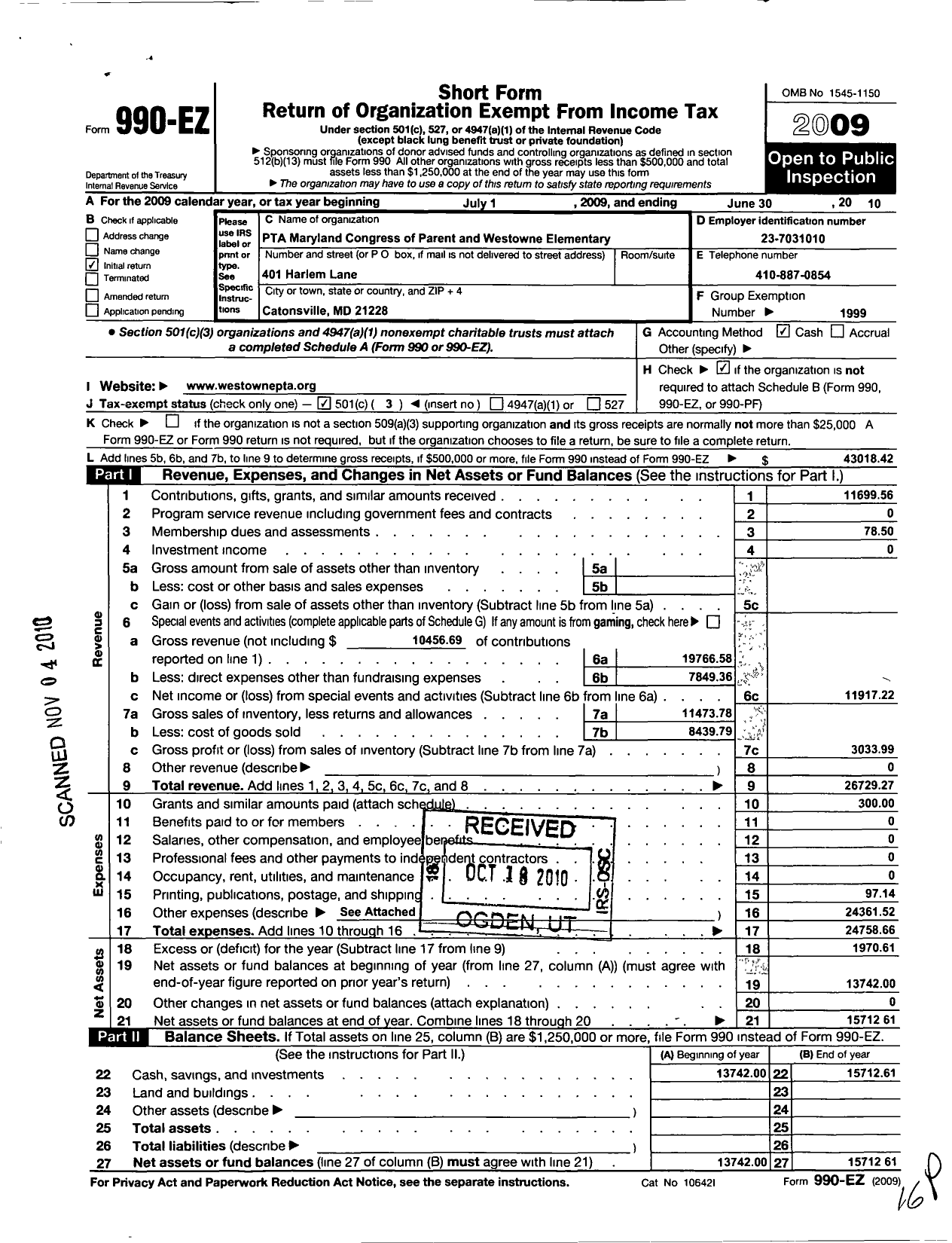 Image of first page of 2009 Form 990EZ for PTA Delaware Congress / Westowne Elementary