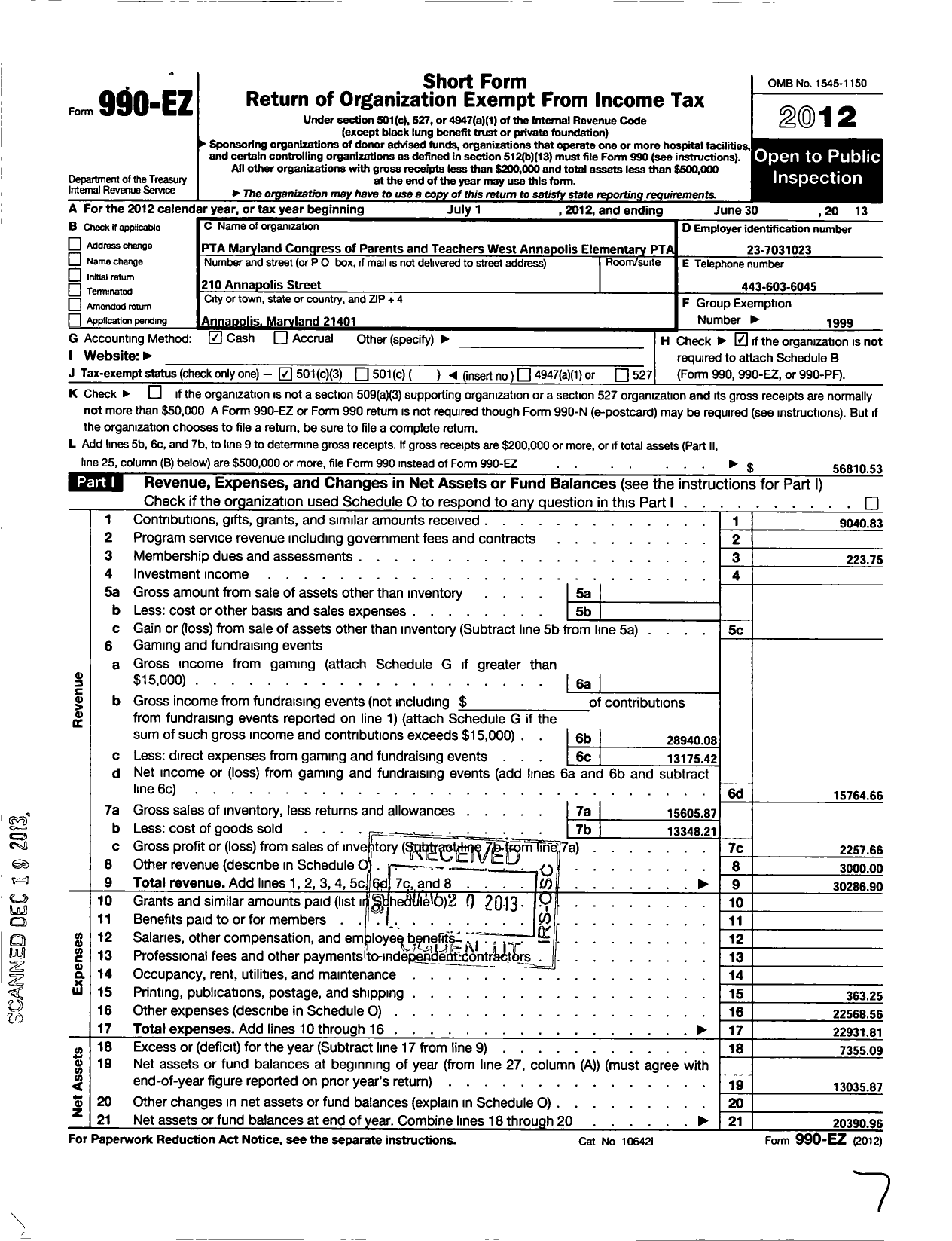 Image of first page of 2012 Form 990EZ for West Annapolis Elementary PTA