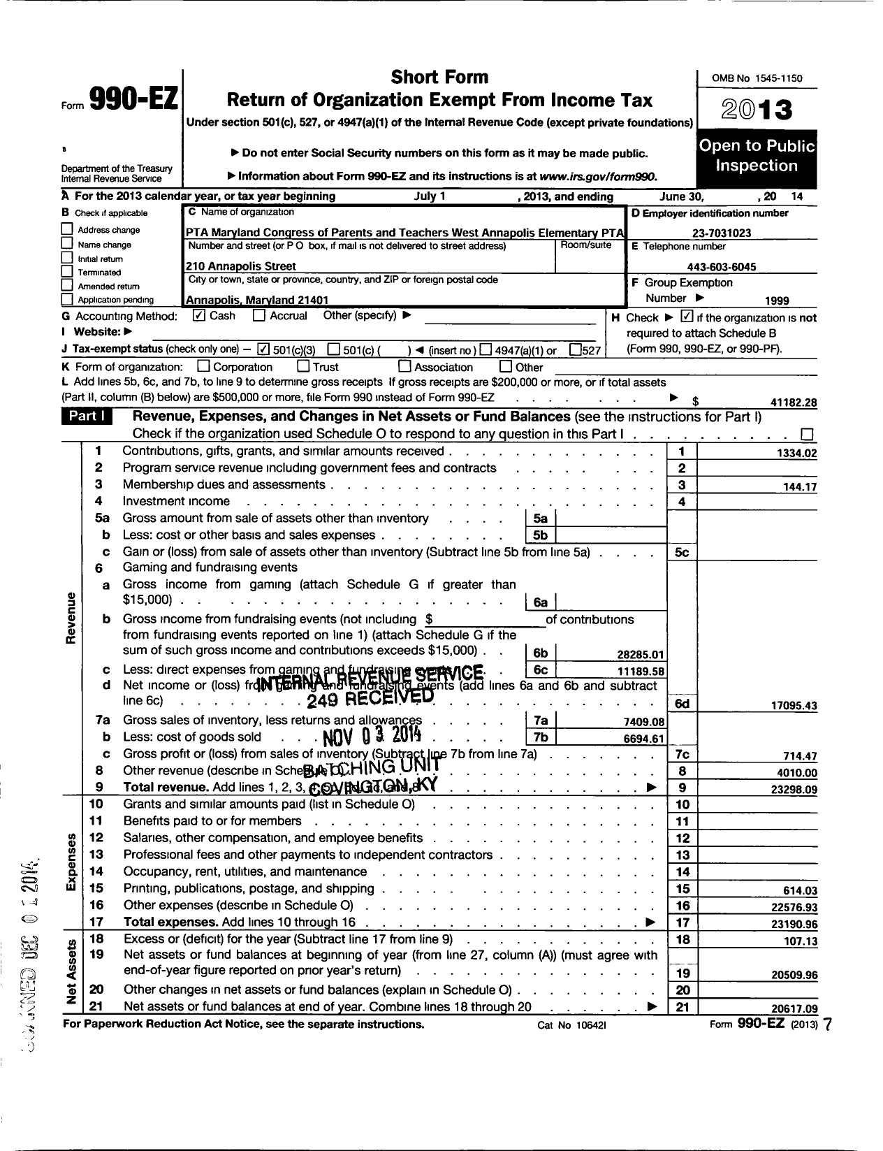 Image of first page of 2013 Form 990EZ for West Annapolis Elementary PTA