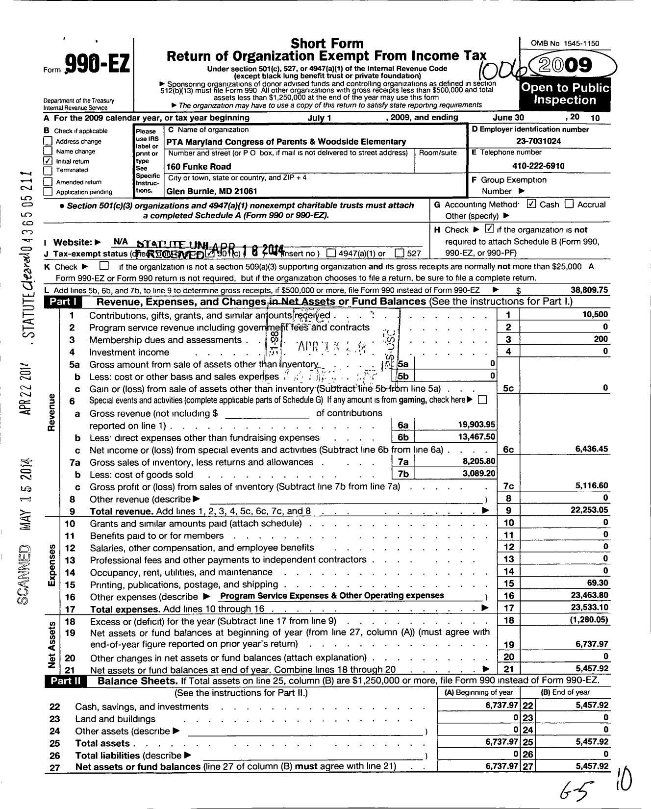 Image of first page of 2009 Form 990EO for PTA Maryland Congress of Parents and Teachers / Woodside Elementary