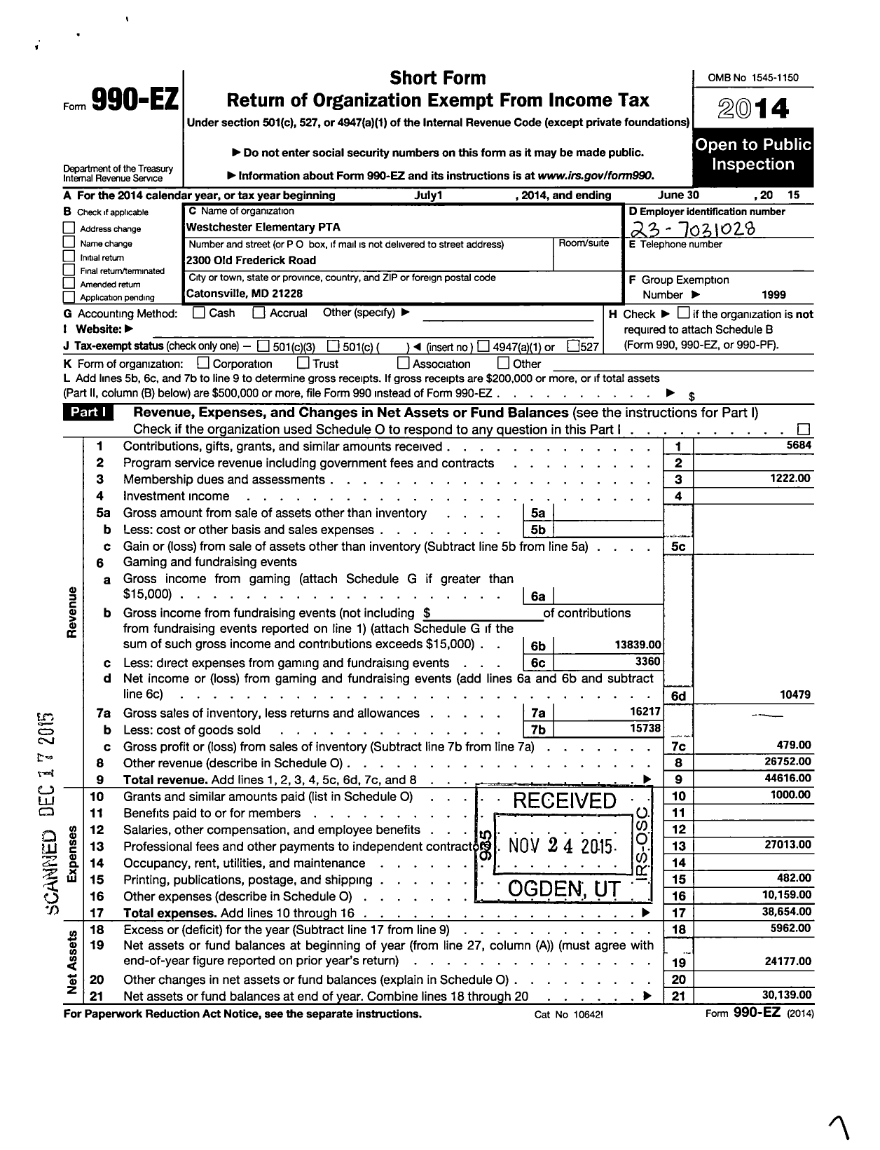 Image of first page of 2014 Form 990EO for Westchester Elementary PTA