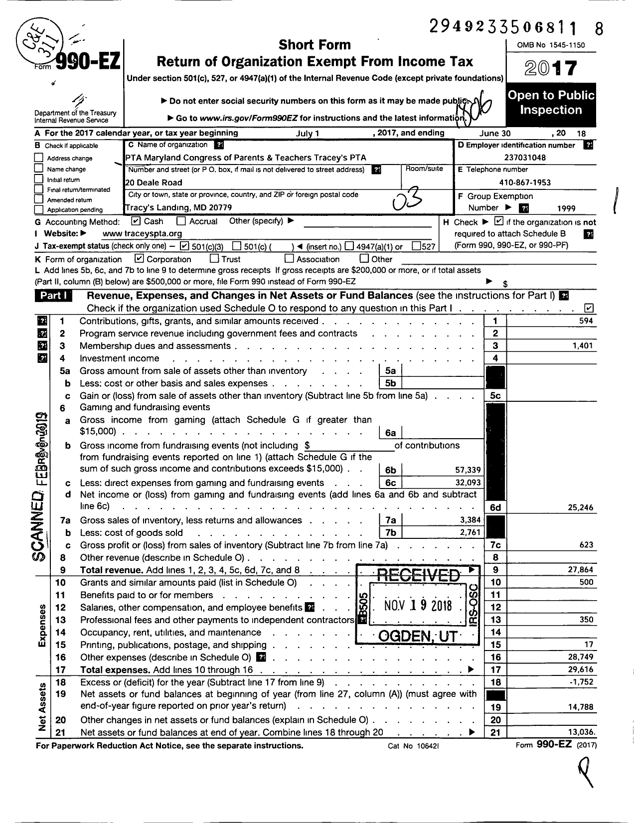 Image of first page of 2017 Form 990EZ for PTA Delaware Congress / Traceys Elementary School PTA