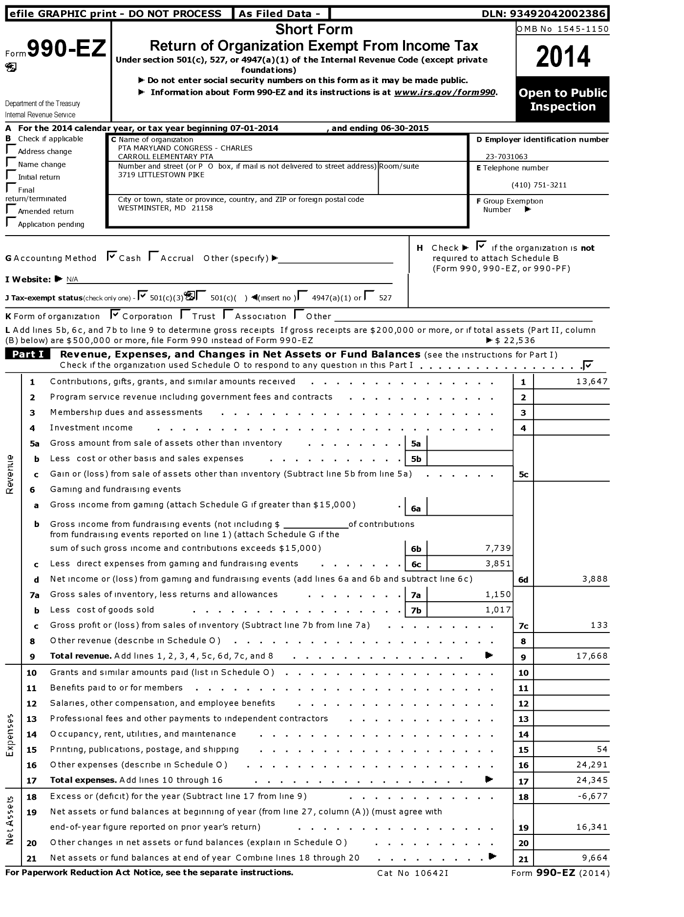 Image of first page of 2014 Form 990EZ for PTA Maryland Congress - Charles Carroll Elementary PTA